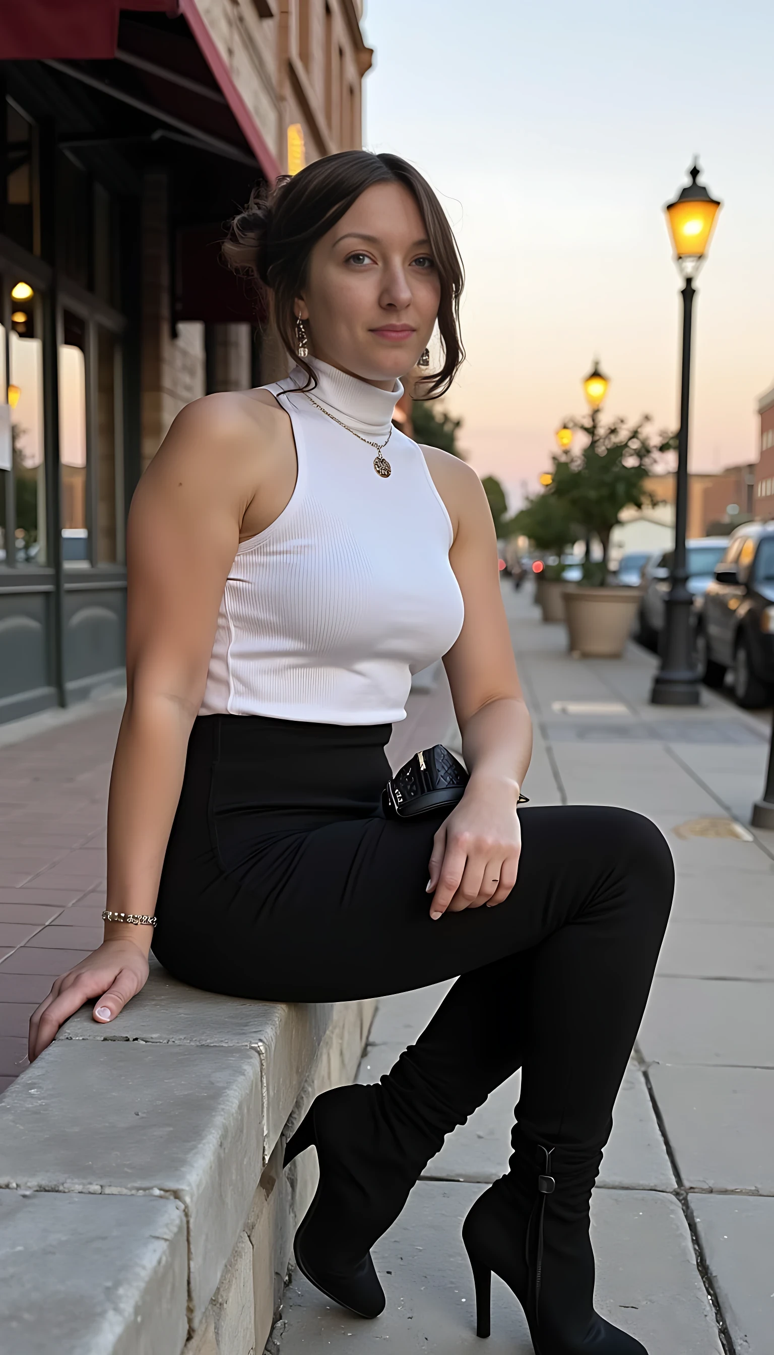The image is a photograph of a young woman CSTM sitting on a low stone wall along a city street during sunset. She has a fair skin tone, blue eyes, and brunette hair pulled back into a high ponytail. Her full body is facing the viewer, confidently. She is wearing a sleeveless, white ribbed turtleneck top that accentuates her slender physique and massive, very large-sized natural breasts. Her outfit also includes a high-waisted, tight black skirt that hugs her hips and midsection, paired with thigh-high, black leather boots with a shiny finish and high heels. She is accessorized with a delicate necklace and large hoop earrings.

In her lap, she holds a small black handbag with a quilted pattern and gold hardware. The photo is taken for we think we can see a hint of her underwear, but we’re not. The background shows a quaint, urban street with old-style buildings on either side, featuring large windows and awnings. The street is lined with parked cars and street lamps, casting a warm, golden glow from the setting sun. The overall atmosphere is chic and sophisticated, capturing a moment of relaxed elegance in an urban setting with e hint of eroticism.