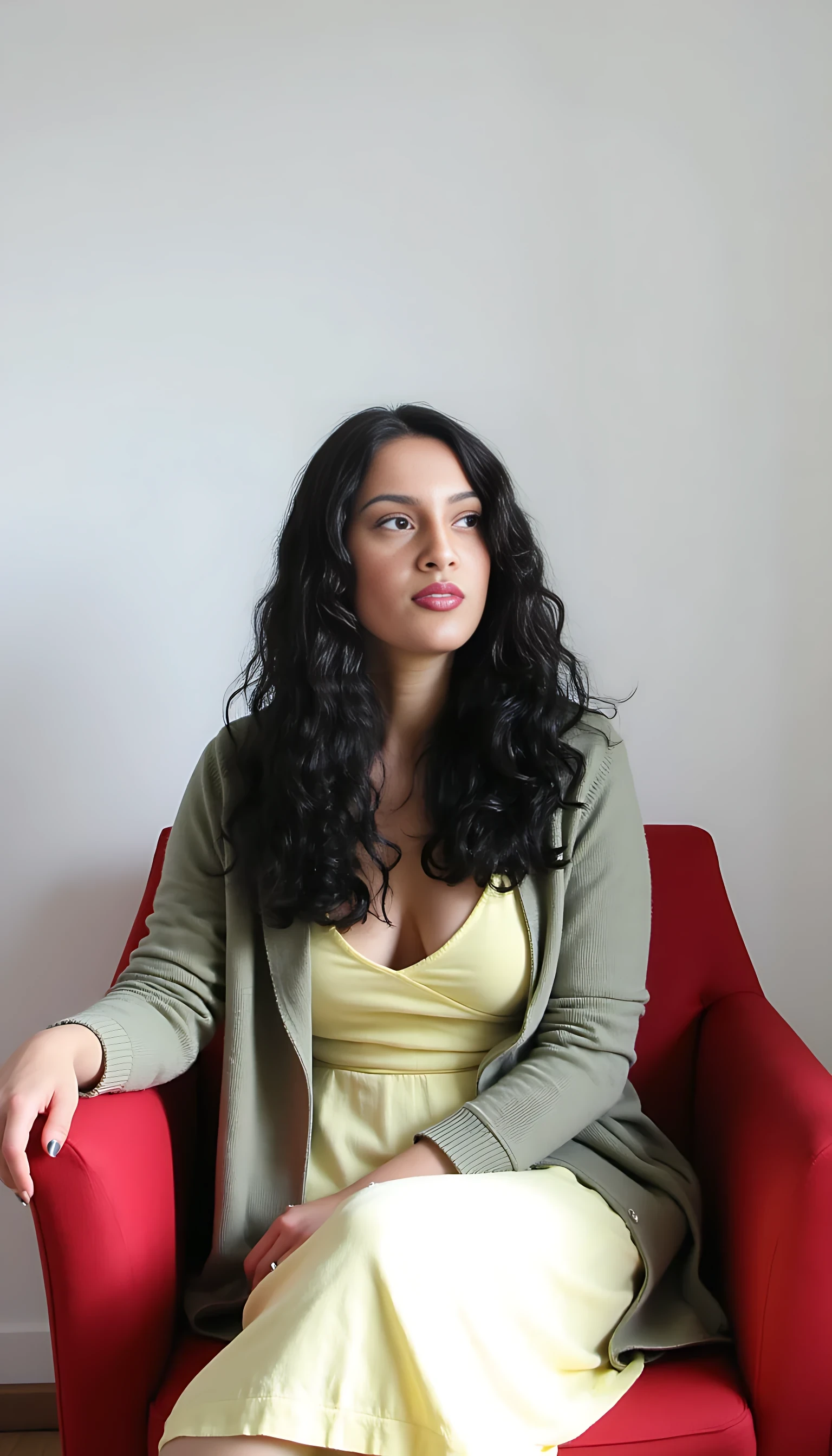 A woman with long, curly black hair and bright red lipstick sits in a red chair. She is wearing a light yellow dress with a deep neckline and a casual gray-green cardigan. Her expression is thoughtful, as she gazes slightly to the side against a plain white background. Light filters softly onto her, creating a calm and serene atmosphere.