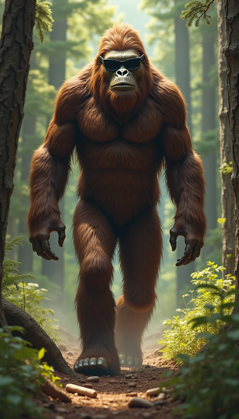 Bigfoot with sunglasses chasing hippies thru the woods