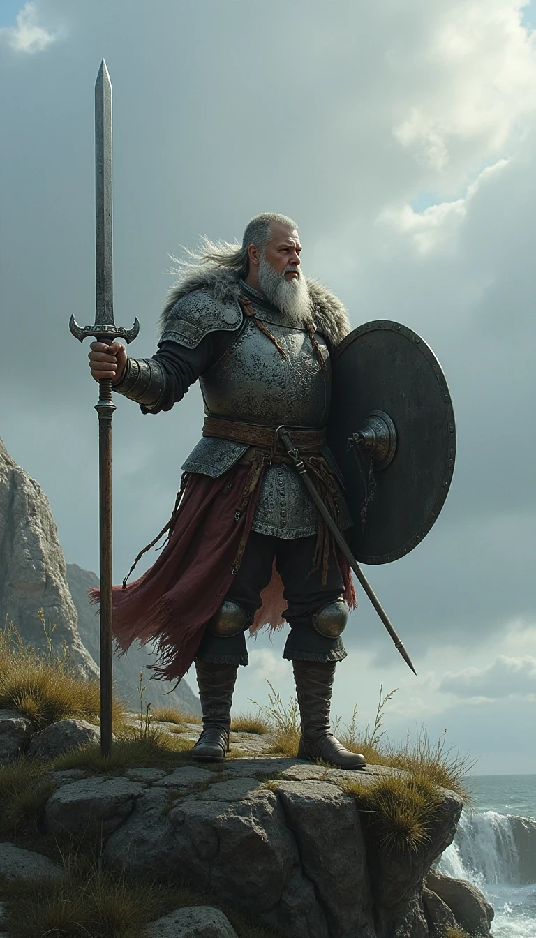 CSTMDL as grey bearded Viking with a viking sword and stylish viking silver shiny Plate armour , standing in warpose on the windy cliff of a treestump and hold the viking sword forward high over the shield with the left hand,  in his right hand he hold a typically fine ornated metal Viking shield a Black Horse on his side
