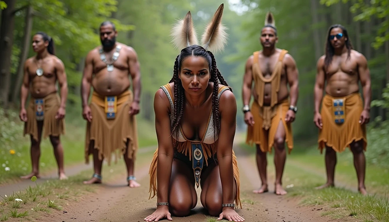 photo of woman CSTMDL, a medium shot photo of, a slim woman, her full body is in the scene, she has a slender petite build with petite small boobs and a flat chest, she has small dark skin nipples with long pointy nipple ducts and small dark skinned areolas, her hair is styled with two long braids she has eagle plumes in her hair, she is not wearing earrings, she is wearing daisy duke denim booty shorts, she is wearing a native American style vest in a golden yellow color over top of her underwear, she is holding her vest open exposing her strapless bra, her bra is a strapless white lace bra, she is wearing a fringe breechcloth in a golden yellow color, she is wearing ankle height smoked hide moccasins, natural lighting, natural light, amateur photography, shot on an iPhone, she is posing bent over on all fours on the ground with her legs spread wide apart in a wooded area in front of a fat obese native American man, she is maintaining intense eye contact with the camera, a fat obese native American man is directly behind her while three other fat obese native American men form a lineup behind one another, public setting, Hyper realism, 16k, uhd, ultra-sharp focus, perfect meshes and textures, highly detailed, highly accurate reflections, natural lighting, natural light, amateur photography, 