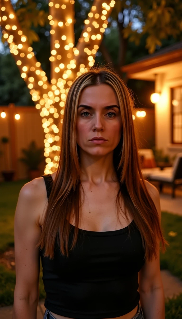 A full body shot photo of a woman standing outside the house cozy, warmly lit patio in the evening, with soft, glowing lights wrapped around a tree behind them creating a charming atmosphere. The image is rich in detail, with warm tones and clear textures throughout. The woman has fair skin, a slim build, and long reddish-blonde hair,