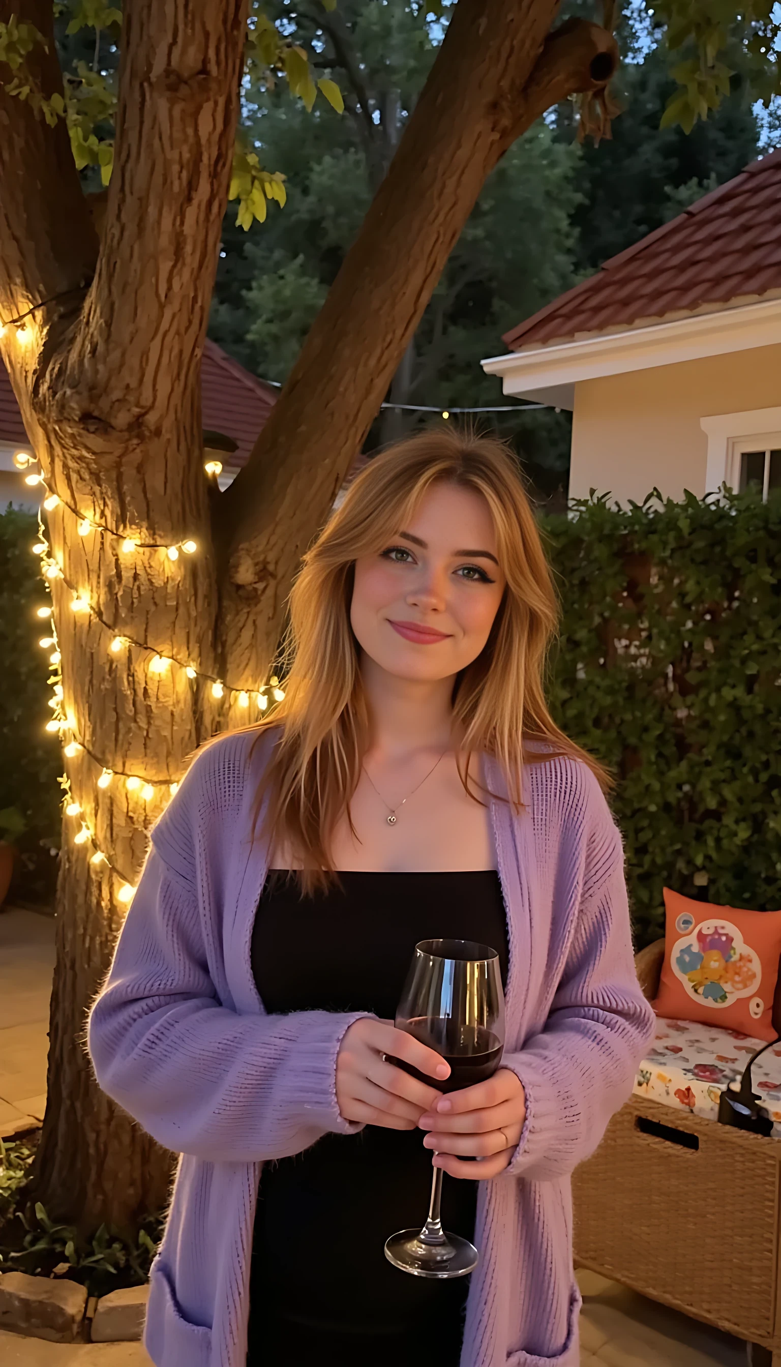 A full body shot photo of a woman standing outdoors at a cozy, warmly lit patio in the evening, with soft, glowing lights wrapped around a tree behind them creating a charming atmosphere. The image is rich in detail, with warm tones and clear textures throughout. The woman has fair skin, a slim build, and long reddish-blonde hair, also worn loose. She is smiling warmly at the camera, holding a glass of red wine in her right hand, and wears a soft-textured lavender cardigan over a black top. The background features a large tree with sparkling string lights wrapped around its trunk and branches, adding a magical touch to the scene. The setting suggests a private outdoor seating area, with elements like terracotta-tiled roofing, greenery, and rattan chairs contributing to a serene, inviting vibe. The overall composition is balanced, with the woman framed against the softly glowing tree, and the lighting enhances the warm, intimate feel of a quiet evening shared among friends. The details are vivid, with textures of clothing, skin, and background elements clearly visible, while the warm lighting creates a relaxed and joyful mood