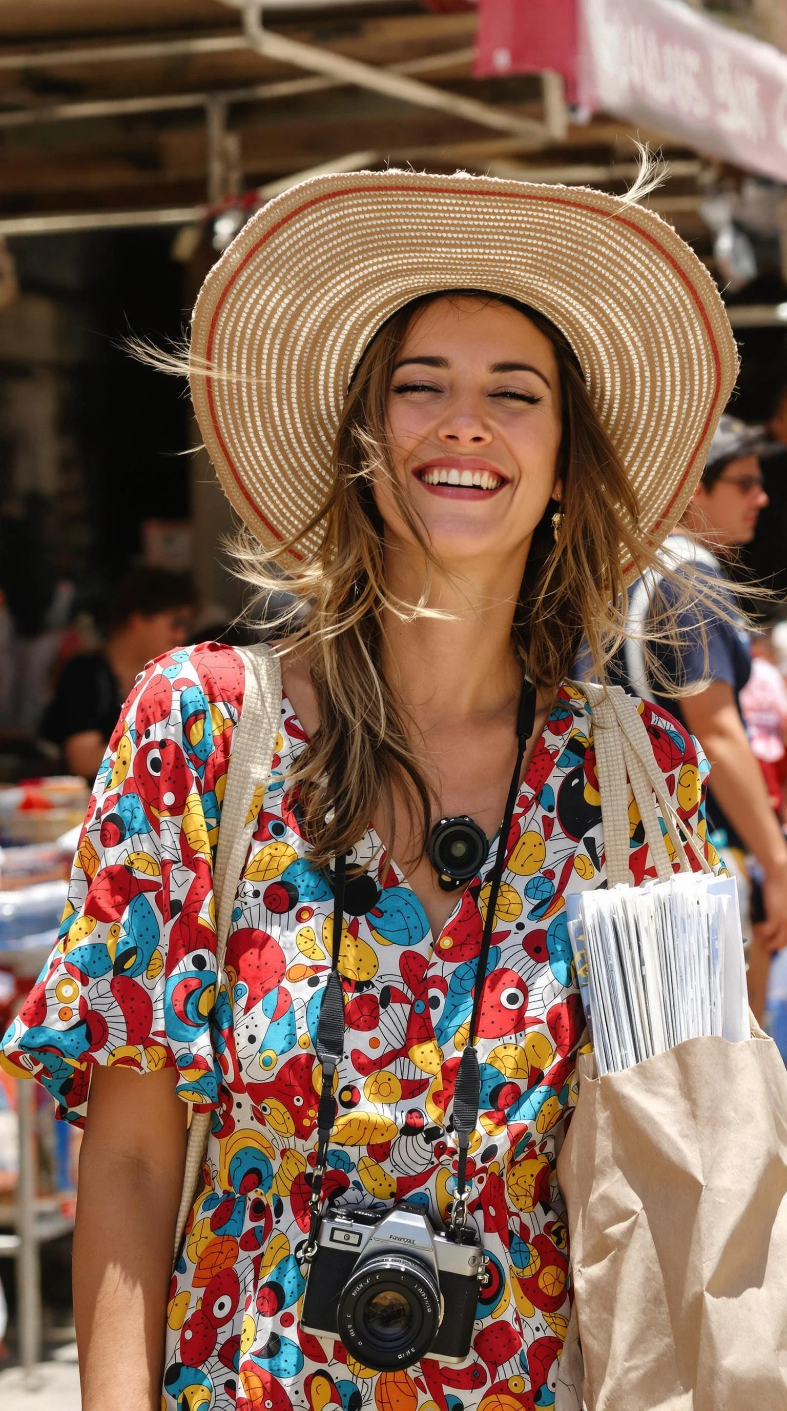 Ultra-realistic editorial-style candid photo of a woman in her late 20s with expressive, angular facial features and a playful, charismatic smile. She is at a vintage flea market in Southern France, wearing a colorful 70s-style patterned dress and a comically large sunhat. She has a camera around her neck and carries a paper bag with old vinyl records. Her hair is a bit wild from the wind, and she is laughing while dancing briefly to a street musician. The photo feels joyful, imperfect, and spontaneous — like a real moment captured on analog film by a friend. Visible skin texture, warm sunlight, raw authenticity.