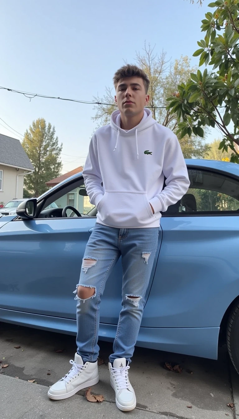CSTMDL - The image depicts a young masculine 180cm 90kg man standing and smiling in far away is back blue car, specifically a BMW M2 2024 in colour: baby blue. He wears a white hoodie emblazoned with crocodile lacoste logo and scratched jeans. he wears on shoes nike jordan boots, specifically a shite Jordan 1 Retro High Dior. foto from 15 meters, little bit blured face. czech spz