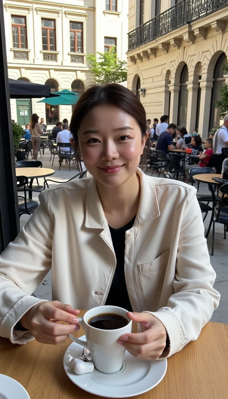woman sitting at a café terrace in Paris, cup of coffee. She is casually dressed, with a relaxed and content expression, enjoying the ambiance of the city. The background shows a typical Parisian street with café tables, buildings with French architecture. The scene is bathed in soft, natural sunlight, capturing a peaceful and charming Parisian moment