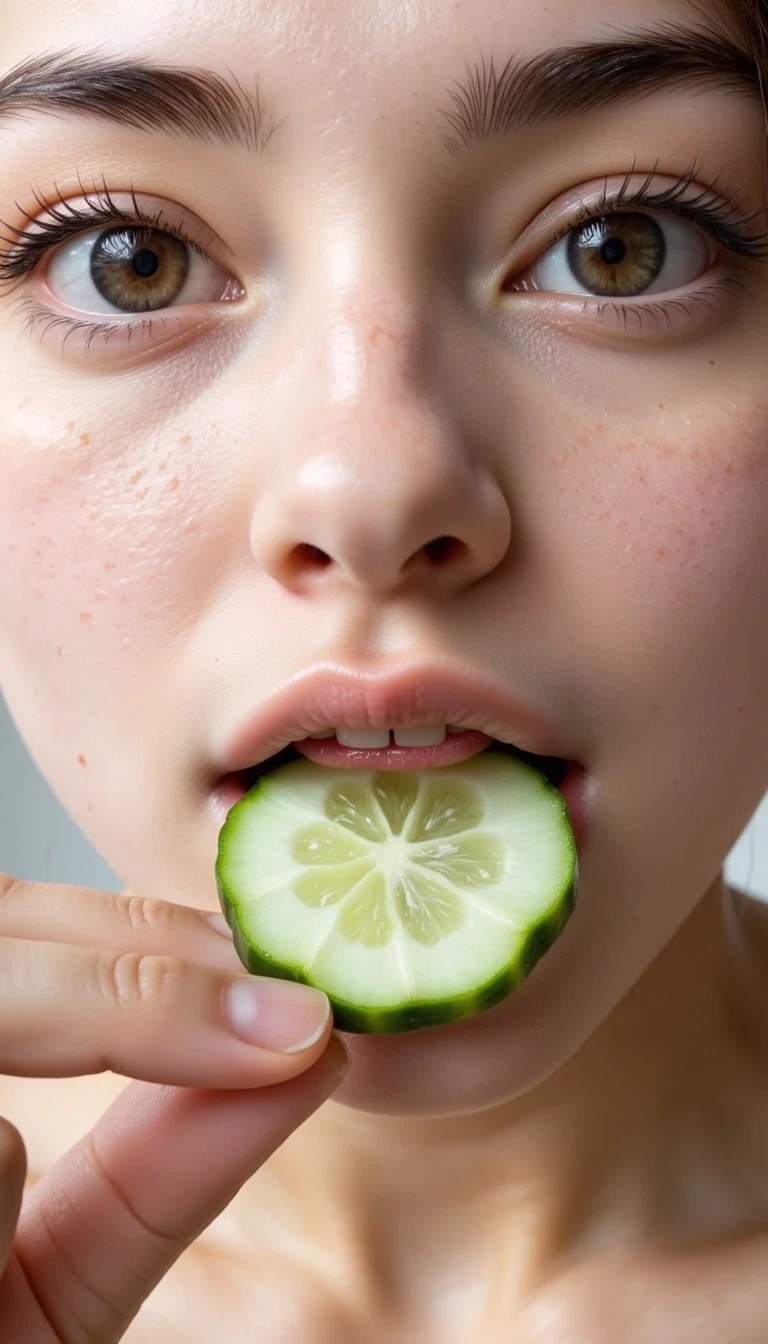 Photo of CSTMDL , close up, cucumber, tongue, licking a cucumber, complete cucumber, tongue out, close eyes