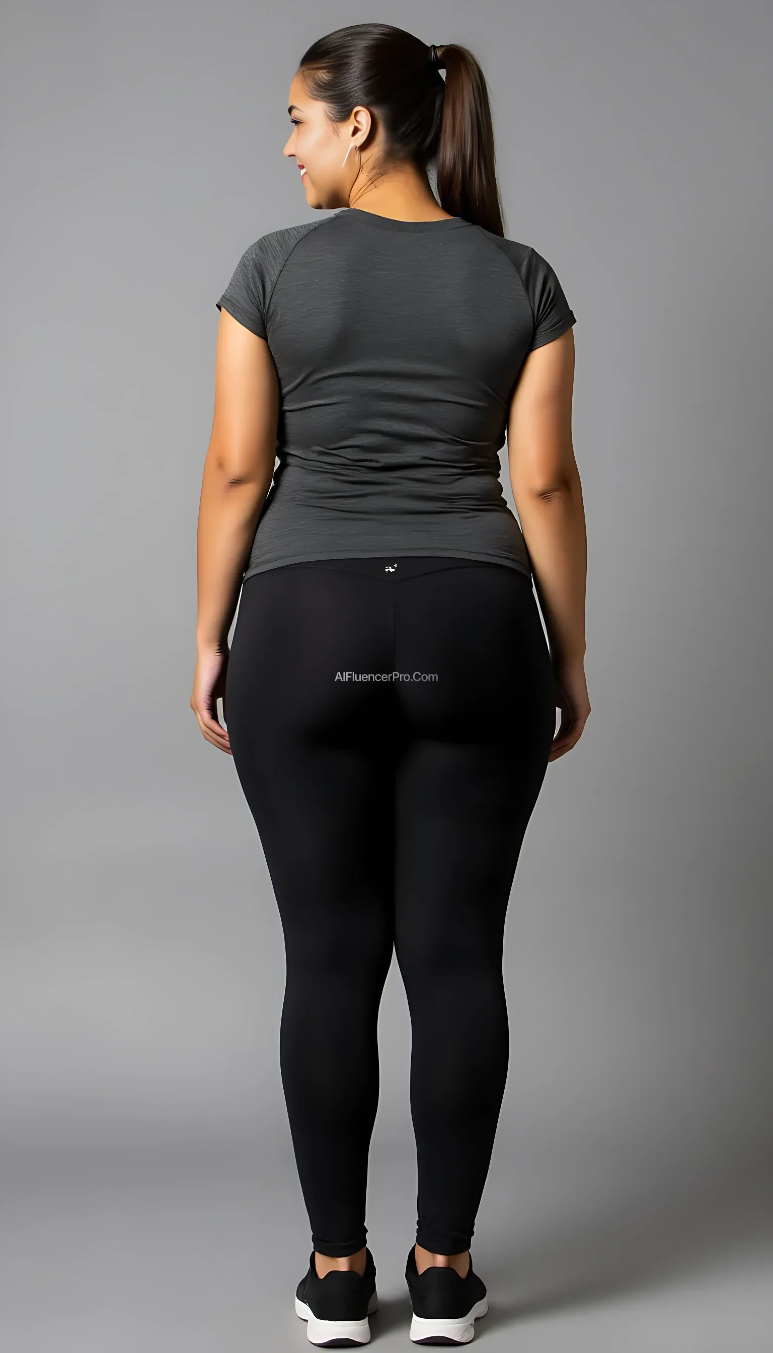 1 woman,backview,standing,wearing a tight sports t-shirt and legging showing us her smile and thick curvy bubble booty
