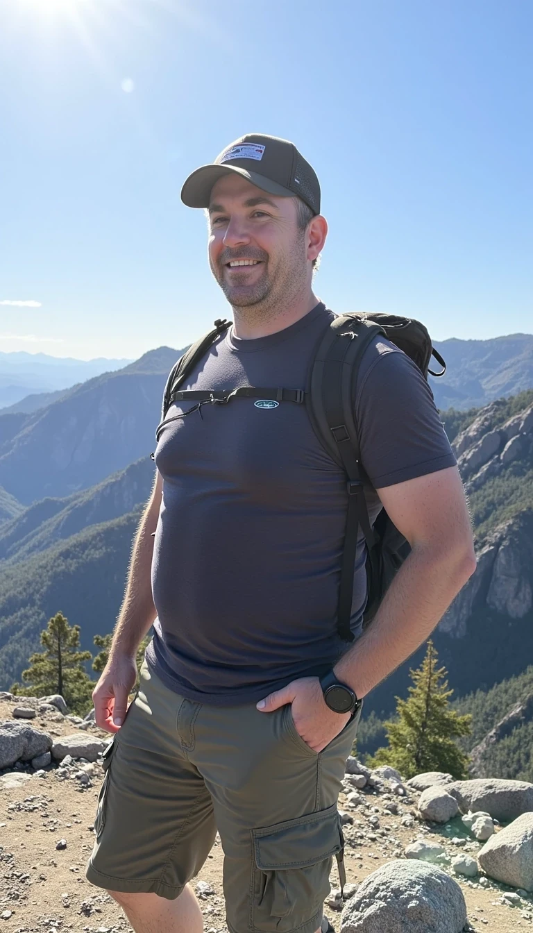 photo of a mid 40s man CSTMDL in hiking attire at the summit of a small mountain. he has a dad bod but is clearly in shape