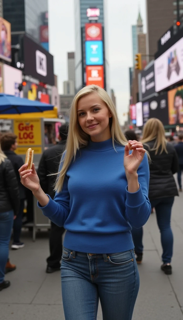  CSTMDL Alice wearing a blue sweater and tight blue jeans with blonde hair is standing in front of a New York City hot dog street vendor holding a hot dog in her hand. She is on a street corner near Times Square smiling with a crowd of people walking around her 