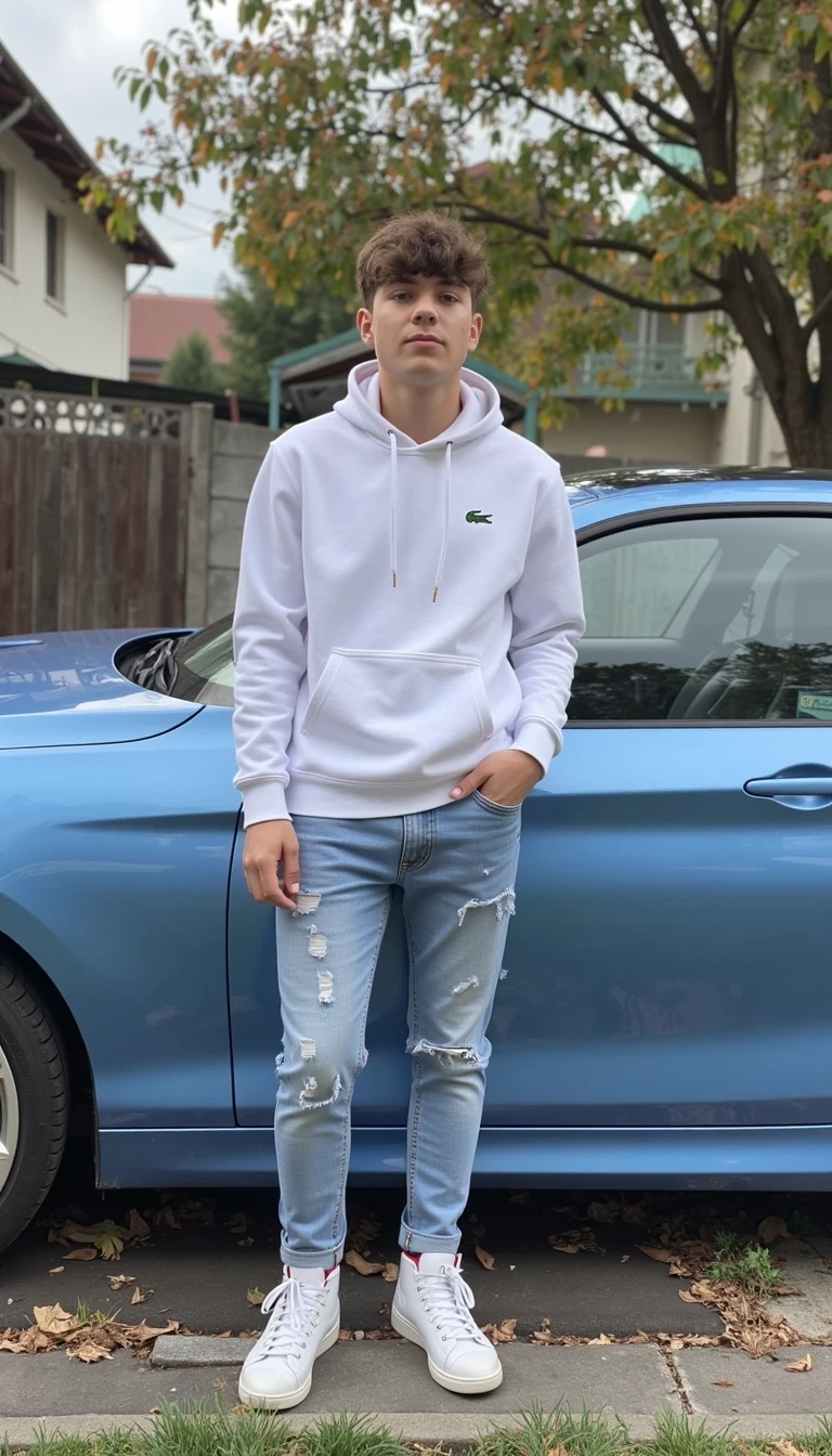 CSTMDL - The image depicts a young masculine 180cm 90kg man standing and smiling in far away is back blue car, specifically a BMW M2 2024 in colour: baby blue. He wears a white hoodie emblazoned with crocodile lacoste logo and scratched jeans. he wears on shoes nike jordan boots, specifically a shite Jordan 1 Retro High Dior. foto from 15 meters, little bit blured face. czech spz. darker weather. leaves on flor