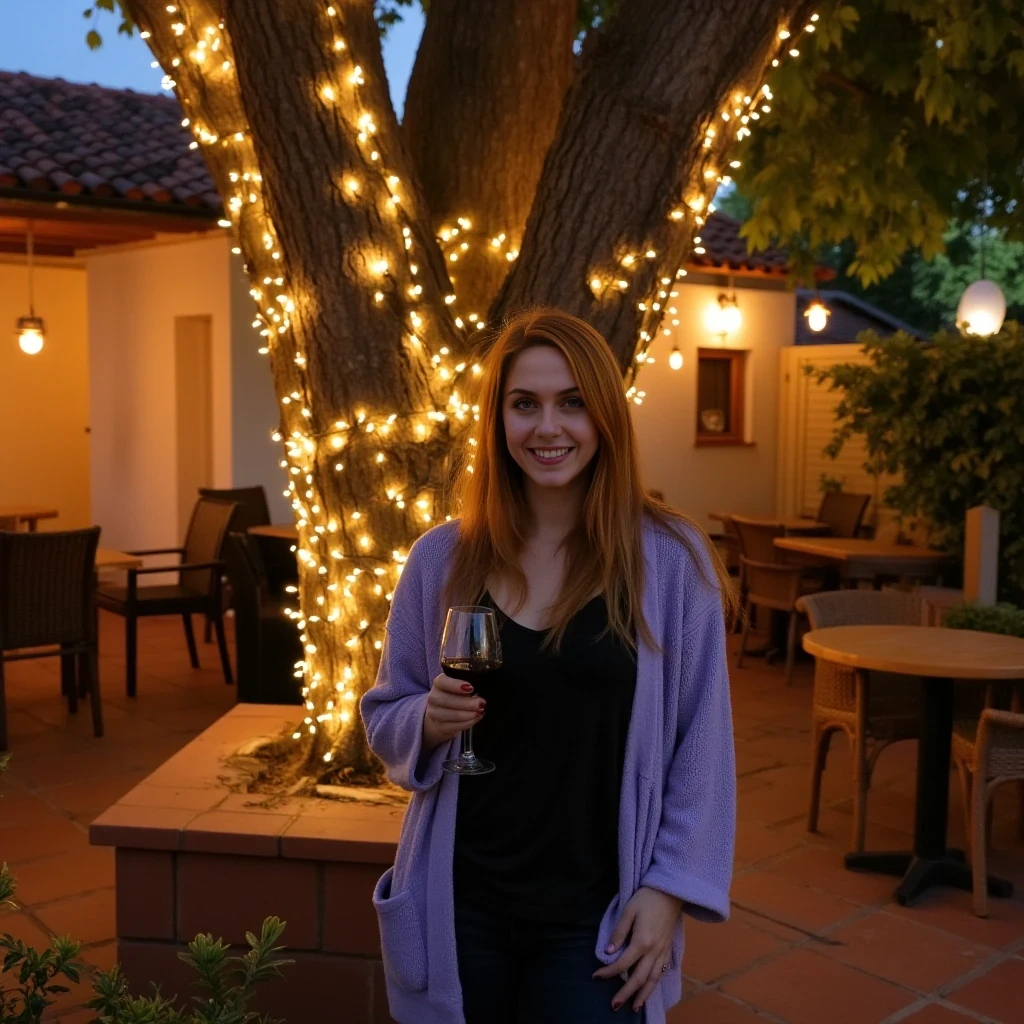 A full body shot photo of a woman standing outdoors at a cozy, warmly lit patio in the evening, with soft, glowing lights wrapped around a tree behind them creating a charming atmosphere. The image is rich in detail, with warm tones and clear textures throughout. The woman has fair skin, a slim build, and long reddish-blonde hair, also worn loose. She is smiling warmly at the camera, holding a glass of red wine in her right hand, and wears a soft-textured lavender cardigan over a black top. The background features a large tree with sparkling string lights wrapped around its trunk and branches, adding a magical touch to the scene. The setting suggests a private outdoor seating area, with elements like terracotta-tiled roofing, greenery, and rattan chairs contributing to a serene, inviting vibe. The overall composition is balanced, with the woman framed against the softly glowing tree, and the lighting enhances the warm, intimate feel of a quiet evening shared among friends. The details are vivid, with textures of clothing, skin, and background elements clearly visible, while the warm lighting creates a relaxed and joyful mood