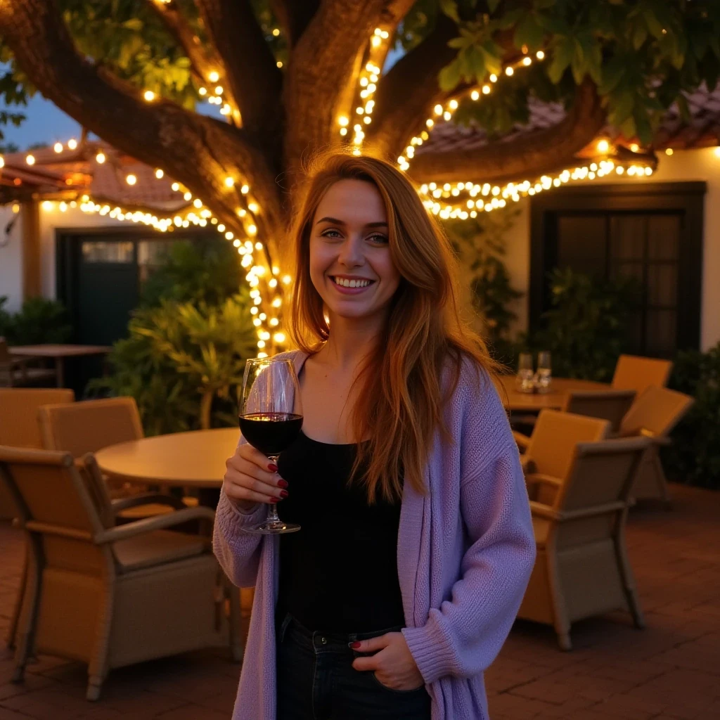 A full body shot photo of a woman standing outdoors at a cozy, warmly lit patio in the evening, with soft, glowing lights wrapped around a tree behind them creating a charming atmosphere. The image is rich in detail, with warm tones and clear textures throughout. The woman has fair skin, a slim build, and long reddish-blonde hair, also worn loose. She is smiling warmly at the camera, holding a glass of red wine in her right hand, and wears a soft-textured lavender cardigan over a black top. The background features a large tree with sparkling string lights wrapped around its trunk and branches, adding a magical touch to the scene. The setting suggests a private outdoor seating area, with elements like terracotta-tiled roofing, greenery, and rattan chairs contributing to a serene, inviting vibe. The overall composition is balanced, with the woman framed against the softly glowing tree, and the lighting enhances the warm, intimate feel of a quiet evening shared among friends. The details are vivid, with textures of clothing, skin, and background elements clearly visible, while the warm lighting creates a relaxed and joyful mood