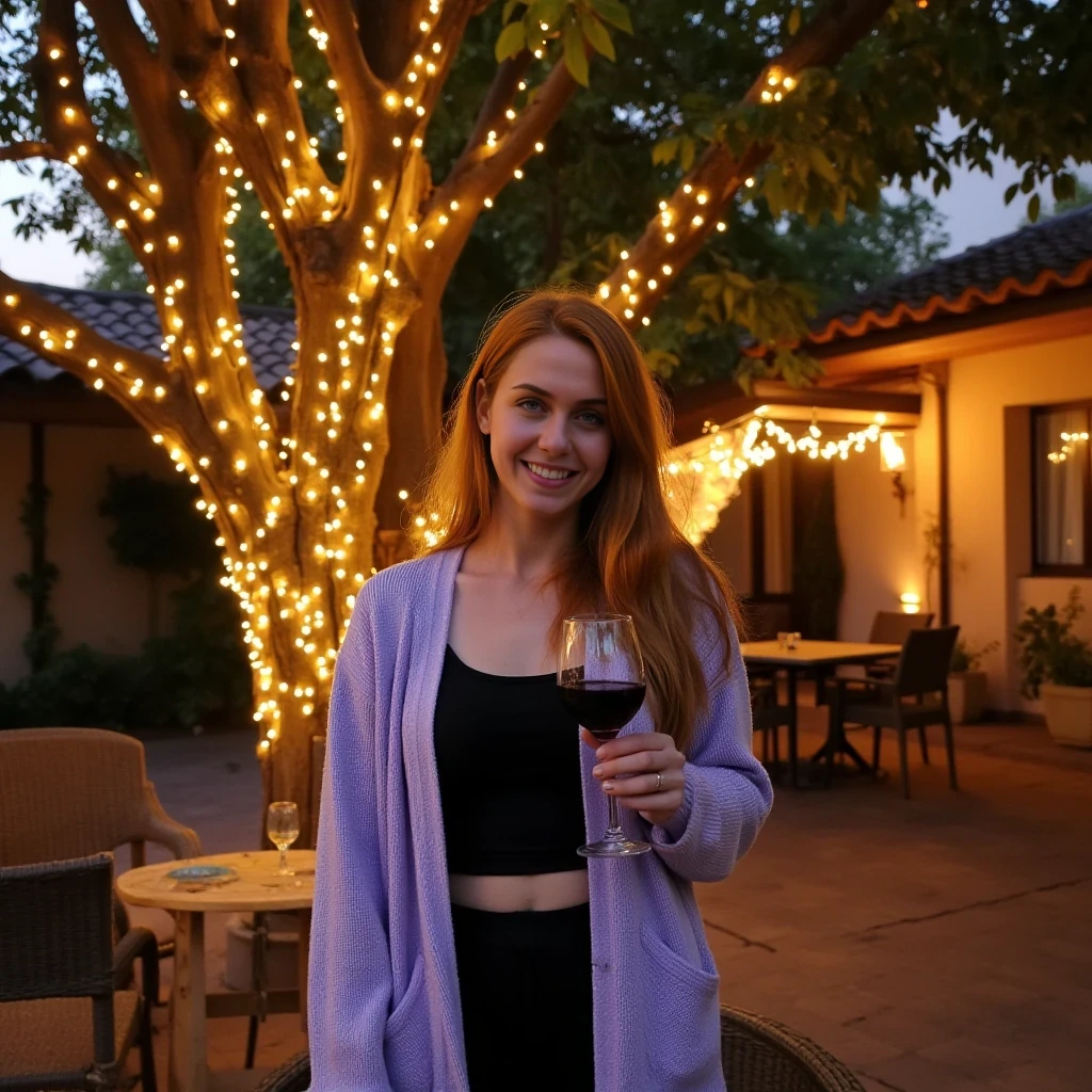 A full body shot photo of a woman standing outdoors at a cozy, warmly lit patio in the evening, with soft, glowing lights wrapped around a tree behind them creating a charming atmosphere. The image is rich in detail, with warm tones and clear textures throughout. The woman has fair skin, a slim build, and long reddish-blonde hair, also worn loose. She is smiling warmly at the camera, holding a glass of red wine in her right hand, and wears a soft-textured lavender cardigan over a black top. The background features a large tree with sparkling string lights wrapped around its trunk and branches, adding a magical touch to the scene. The setting suggests a private outdoor seating area, with elements like terracotta-tiled roofing, greenery, and rattan chairs contributing to a serene, inviting vibe. The overall composition is balanced, with the woman framed against the softly glowing tree, and the lighting enhances the warm, intimate feel of a quiet evening shared among friends. The details are vivid, with textures of clothing, skin, and background elements clearly visible, while the warm lighting creates a relaxed and joyful mood