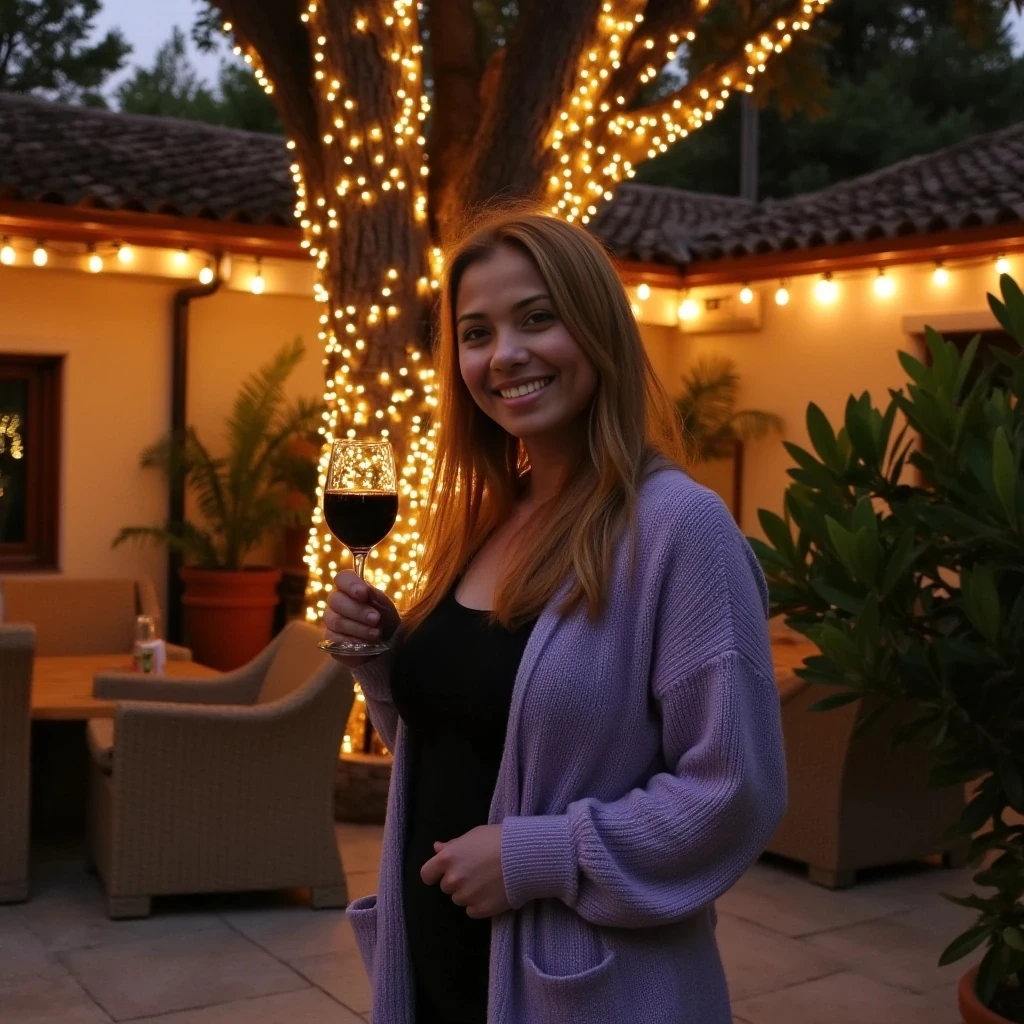 A full body shot photo of a woman standing outdoors at a cozy, warmly lit patio in the evening, with soft, glowing lights wrapped around a tree behind them creating a charming atmosphere. The image is rich in detail, with warm tones and clear textures throughout. The woman has fair skin, a slim build, and long reddish-blonde hair, also worn loose. She is smiling warmly at the camera, holding a glass of red wine in her right hand, and wears a soft-textured lavender cardigan over a black top. The background features a large tree with sparkling string lights wrapped around its trunk and branches, adding a magical touch to the scene. The setting suggests a private outdoor seating area, with elements like terracotta-tiled roofing, greenery, and rattan chairs contributing to a serene, inviting vibe. The overall composition is balanced, with the woman framed against the softly glowing tree, and the lighting enhances the warm, intimate feel of a quiet evening shared among friends. The details are vivid, with textures of clothing, skin, and background elements clearly visible, while the warm lighting creates a relaxed and joyful mood