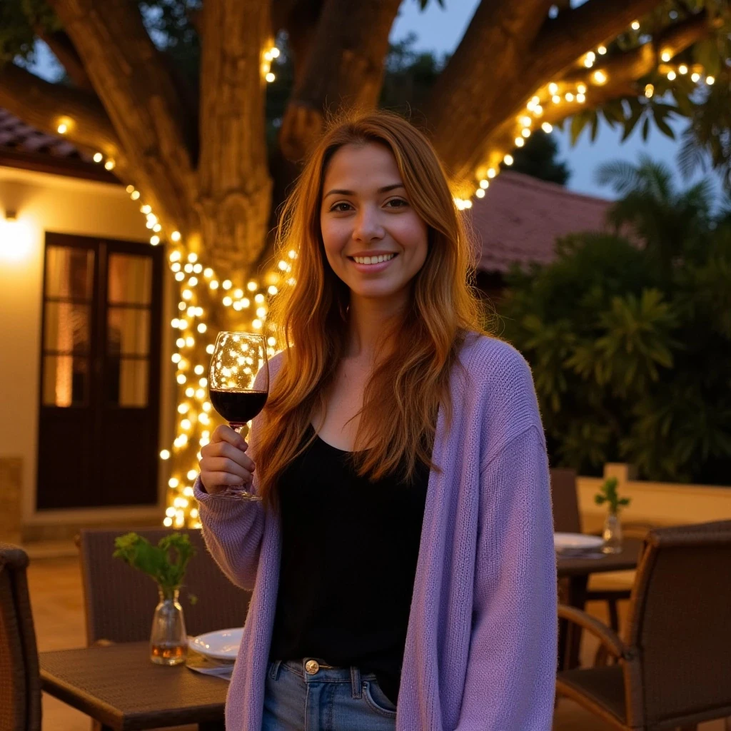 A full body shot photo of a woman standing outdoors at a cozy, warmly lit patio in the evening, with soft, glowing lights wrapped around a tree behind them creating a charming atmosphere. The image is rich in detail, with warm tones and clear textures throughout. The woman has fair skin, a slim build, and long reddish-blonde hair, also worn loose. She is smiling warmly at the camera, holding a glass of red wine in her right hand, and wears a soft-textured lavender cardigan over a black top. The background features a large tree with sparkling string lights wrapped around its trunk and branches, adding a magical touch to the scene. The setting suggests a private outdoor seating area, with elements like terracotta-tiled roofing, greenery, and rattan chairs contributing to a serene, inviting vibe. The overall composition is balanced, with the woman framed against the softly glowing tree, and the lighting enhances the warm, intimate feel of a quiet evening shared among friends. The details are vivid, with textures of clothing, skin, and background elements clearly visible, while the warm lighting creates a relaxed and joyful mood
