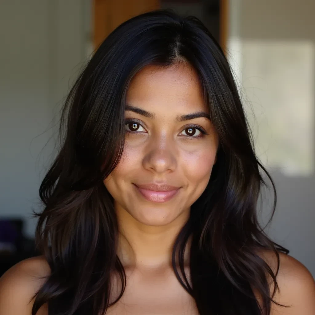 Portrait of Young adult indian canadian woman, age 30, dimples, dark brown hairs, black eyes