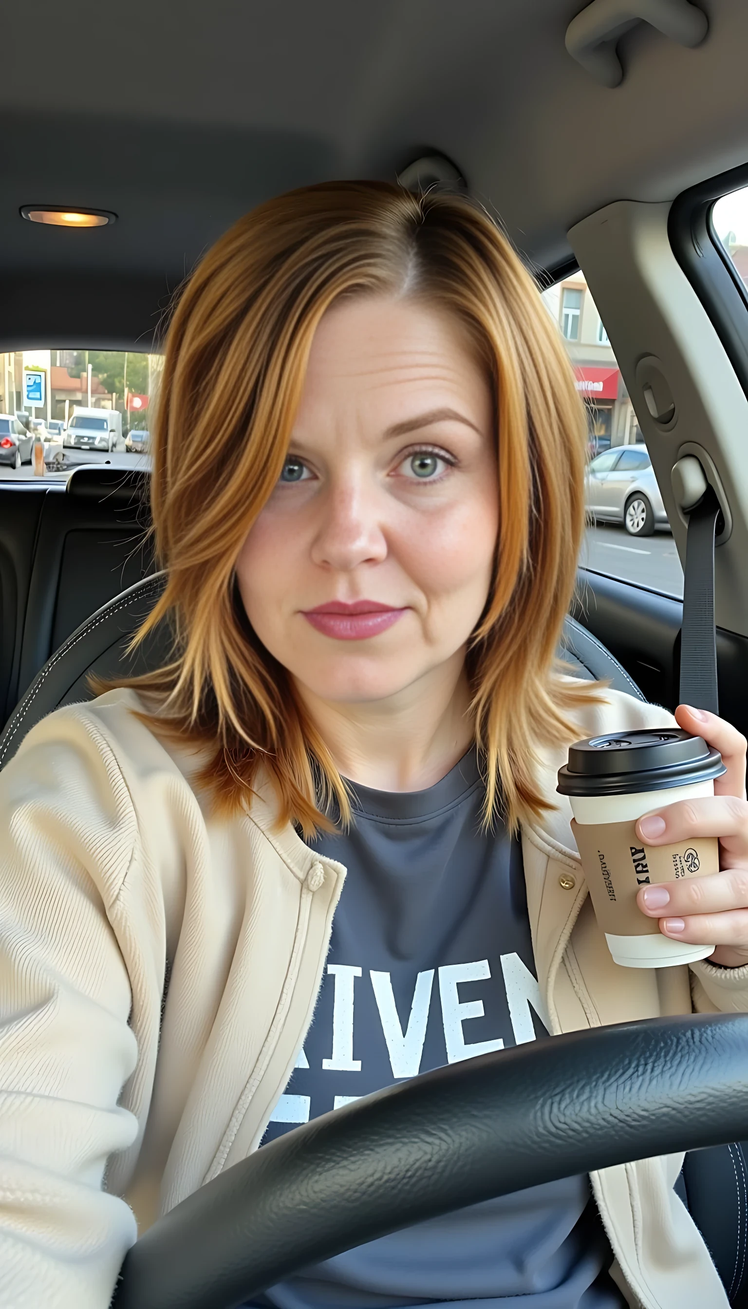 boring low quality snapchat photo circa 2015 of CSTMDL, young woman, late 20s, light-skinned, curvy build, vibrant red hair, green eyes, freckles. she is driving in the drivers seat of a car with one hand on the wheel and the other hand holds a coffee
