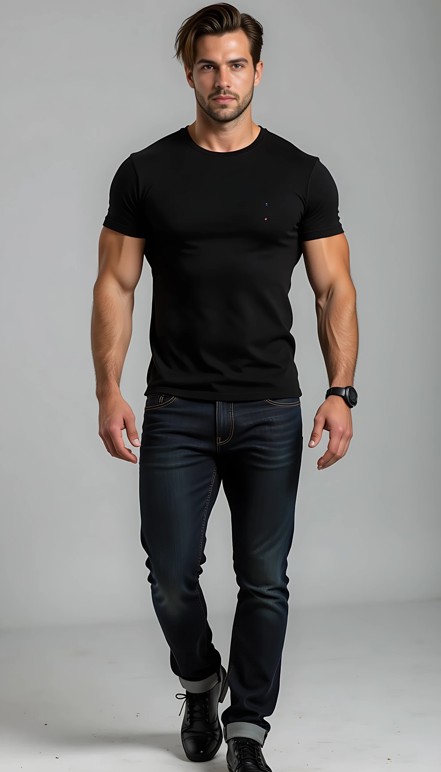 Create a character who exudes a commanding yet effortlessly relaxed presence. He is a tall, imposing figure standing at approximately 6'3" and weighing around 250 pounds of lean, well-defined muscle. At around 21 years old, his youthful vigor enhances his powerful physique, with broad shoulders and muscular arms accentuated by a fitted black T-shirt. His dark denim jeans hug his thighs, emphasizing his strong, athletic build, and he wears expensive, polished designer shoes—sleek and high-end, adding a touch of sophistication to his otherwise casual, laid-back style.
His dark brown hair is styled with a modern edge: trimmed shorter on the sides, with longer, tousled strands on top that fall in an intentionally unkempt, "just rolled out of bed" manner, giving him a rugged yet effortlessly attractive appearance that suits his youthful energy. His face is striking and clean-shaven, with a straight nose and a chiseled, smooth jawline that occasionally twitches with a subtle tic, hinting at an underlying intensity or restlessness beneath his cool exterior. His most captivating feature is his vibrant green eyes, so vivid and intense they seem to hold secrets, drawing attention with their depth and magnetic allure.
He moves with a confident, unhurried ease, as if he has all the time in the world to reach his destination, exuding a sense of self-assuredness and control. His overall demeanor blends youthful strength, mystery, and casual charm, with an air of someone who is both approachable and enigmatic, leaving others intrigued by the story behind his piercing green gaze and relaxed, confident stride.