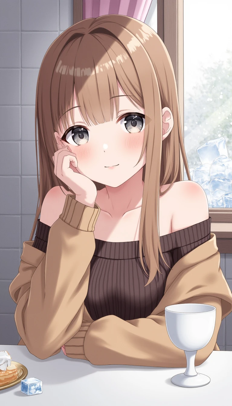 1girl, solo, long hair, looking at viewer, smile, brown hair, long sleeves, brown eyes, bare shoulders, sitting, closed mouth, upper body, day, sleeveless, indoors, water, hand up, off shoulder, lips, cup, fingernails, coat, grey eyes, window, eyelashes, makeup, arm support, lipstick, curtains, hand on own face, drinking glass, eyeshadow, ice, head rest, pink lips, nose, brown jacket, drink, photo (medium), hand on own cheek, glass, red lips, brown sweater, brown coat, armpit crease, mascara