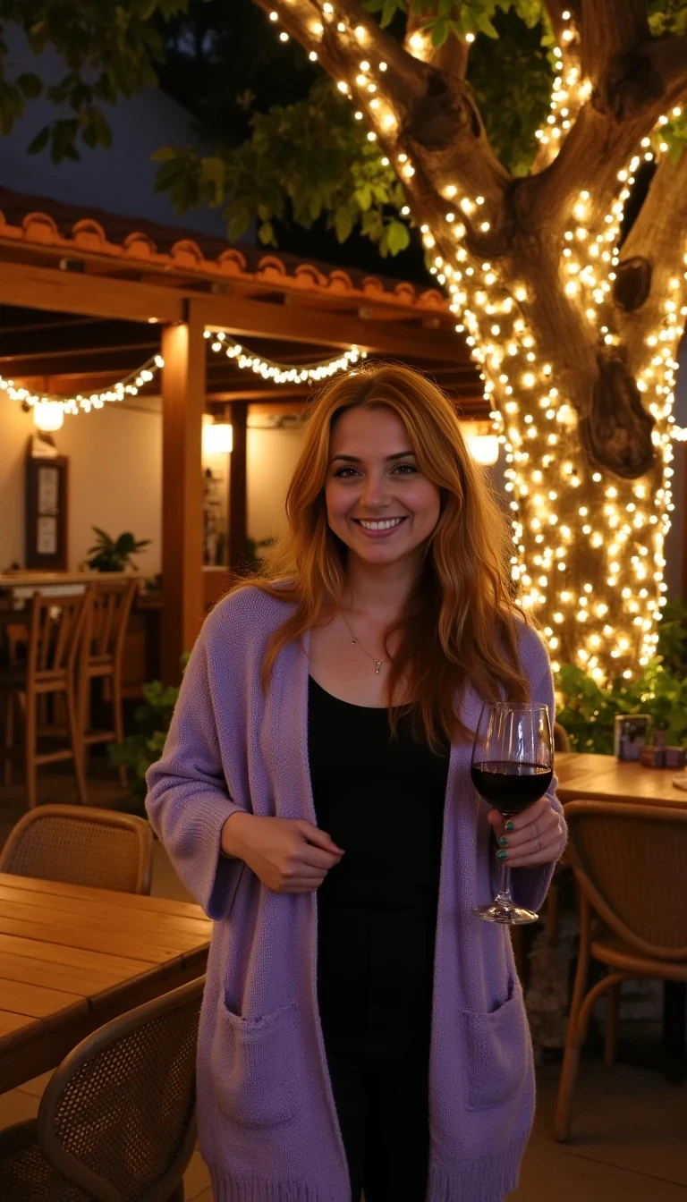 A full body shot photo of a woman standing outdoors at a cozy, warmly lit patio in the evening, with soft, glowing lights wrapped around a tree behind them creating a charming atmosphere. The image is rich in detail, with warm tones and clear textures throughout. The woman has fair skin, a slim build, and long reddish-blonde hair, also worn loose. She is smiling warmly at the camera, holding a glass of red wine in her right hand, and wears a soft-textured lavender cardigan over a black top. The background features a large tree with sparkling string lights wrapped around its trunk and branches, adding a magical touch to the scene. The setting suggests a private outdoor seating area, with elements like terracotta-tiled roofing, greenery, and rattan chairs contributing to a serene, inviting vibe. The overall composition is balanced, with the woman framed against the softly glowing tree, and the lighting enhances the warm, intimate feel of a quiet evening shared among friends. The details are vivid, with textures of clothing, skin, and background elements clearly visible, while the warm lighting creates a relaxed and joyful mood