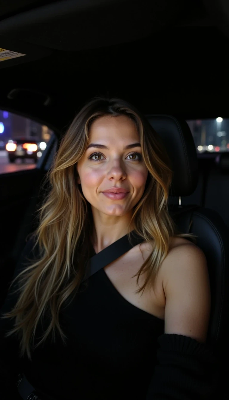 photo of cute woman CSTMDL in a car at night 