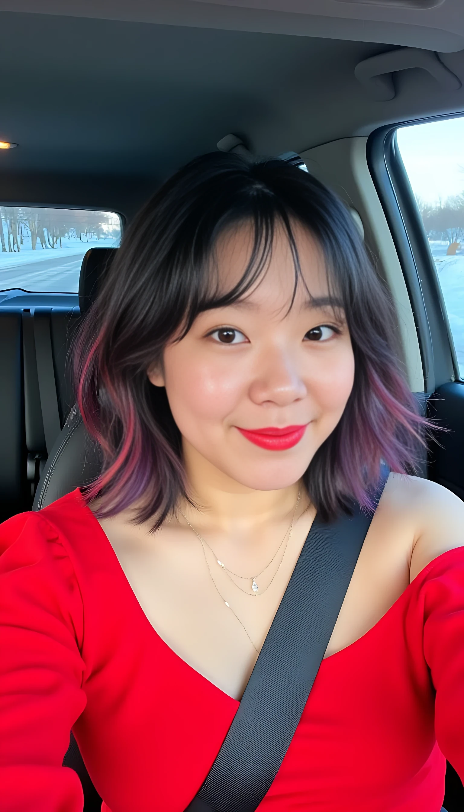 boring low quality snapchat photo circa 2015, A korean woman with a warm smile, she wear red crop top with on shoulder drop, cleavage, red lipstic and   nose pin, sitting in the driver's seat of a cozy car. She has short, wavy black with red and purple lines hairs.  The interior of the car is neat and comfortable. The background outside the window shows a snowy road lined with maple trees and blue skies
