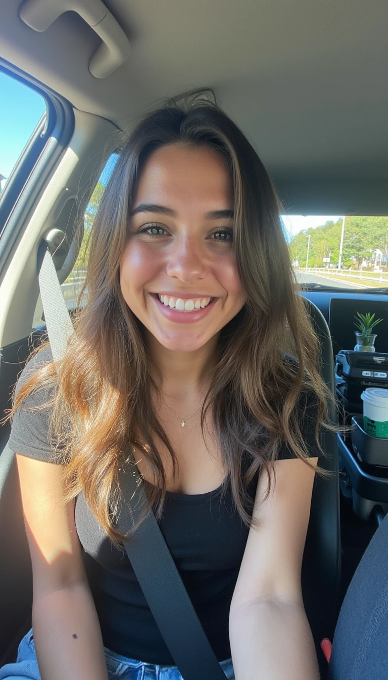 boring low quality snapchat photo circa 2015, A young woman with a warm smile, sitting in the driver's seat of a cozy car. She has soft, wavy brown hair cascading past her shoulders. The sunlight streams through the window, casting a gentle glow on her face. The interior of the car is neat and comfortable, with a coffee cup in the cup holder and a small plant on the dashboard. The background outside the window shows a scenic road lined with trees and blue skies