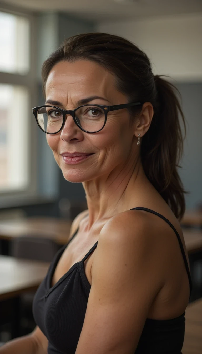 photo of woman CSTMDL, boring low quality snapchat photo circa 2015, beautiful woman, sexy, full lips, a teacher, showing her boobs out, sleek back hair, tied up, glasses, in an empty big  class room