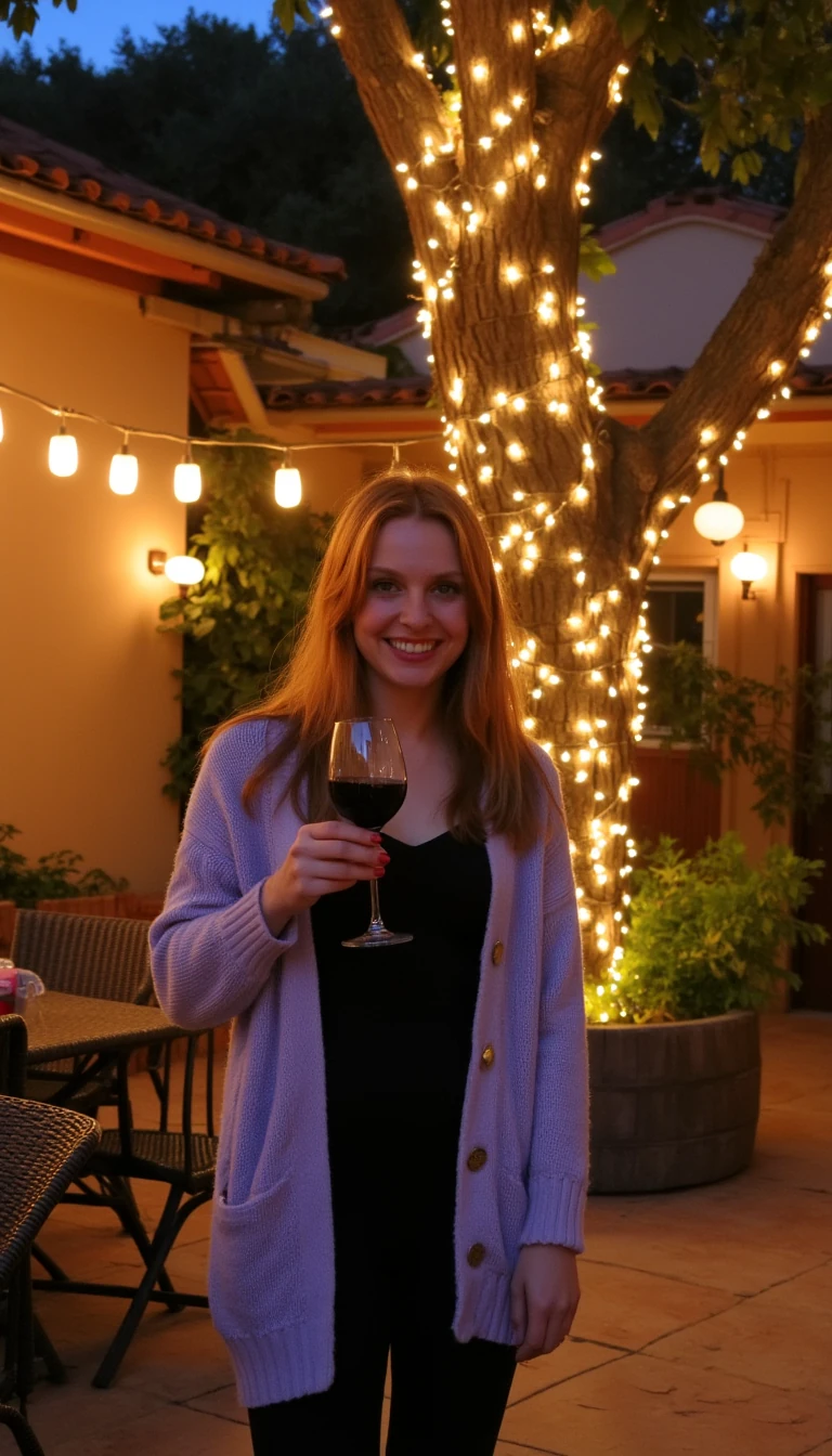 A full body shot photo of a woman standing outdoors at a cozy, warmly lit patio in the evening, with soft, glowing lights wrapped around a tree behind them creating a charming atmosphere. The image is rich in detail, with warm tones and clear textures throughout. The woman has fair skin, a slim build, and long reddish-blonde hair, also worn loose. She is smiling warmly at the camera, holding a glass of red wine in her right hand, and wears a soft-textured lavender cardigan over a black top. The background features a large tree with sparkling string lights wrapped around its trunk and branches, adding a magical touch to the scene. The setting suggests a private outdoor seating area, with elements like terracotta-tiled roofing, greenery, and rattan chairs contributing to a serene, inviting vibe. The overall composition is balanced, with the woman framed against the softly glowing tree, and the lighting enhances the warm, intimate feel of a quiet evening shared among friends. The details are vivid, with textures of clothing, skin, and background elements clearly visible, while the warm lighting creates a relaxed and joyful mood
