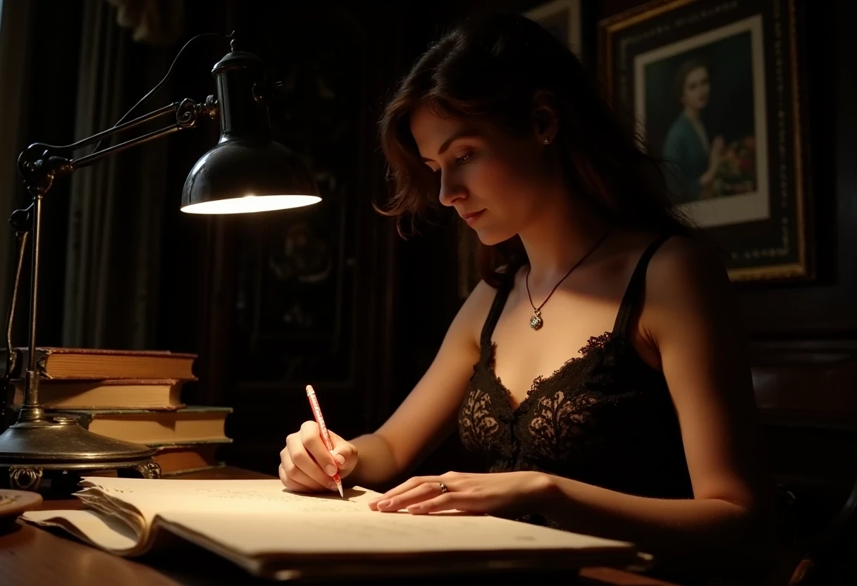 photo of woman CSTMDL, brunette, small pendant, hair tied, blue eyes, haute couture dress, working late night at her desk. The room is dark, the only light is a Gallé art nouveau desk lamp.
She’s surrounded by old books and sheets of paper she worked on.
She’s surrounded by her works in a beautiful art nouveau room