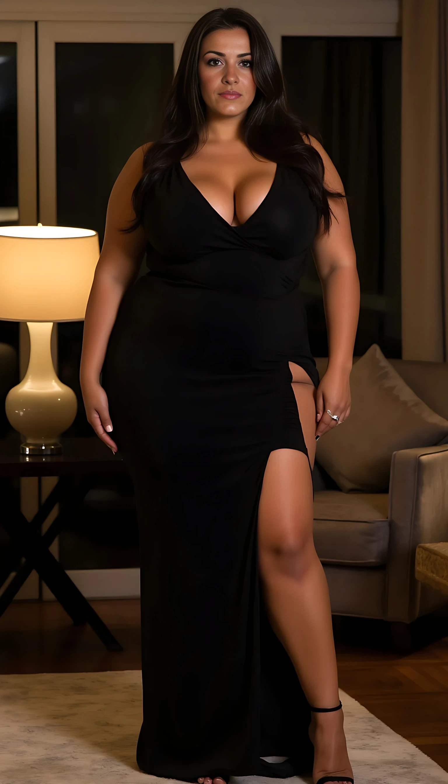 A stunning thick woman with flawless glowing skin, long silky hair, and a confident, alluring gaze. She is wearing an elegant black dress with a thigh-high slit and high heels, posing in a luxurious modern apartment with soft evening lighting. The style is cinematic and magazine-cover worthy, emphasizing her curves and confidence without full nudity.

