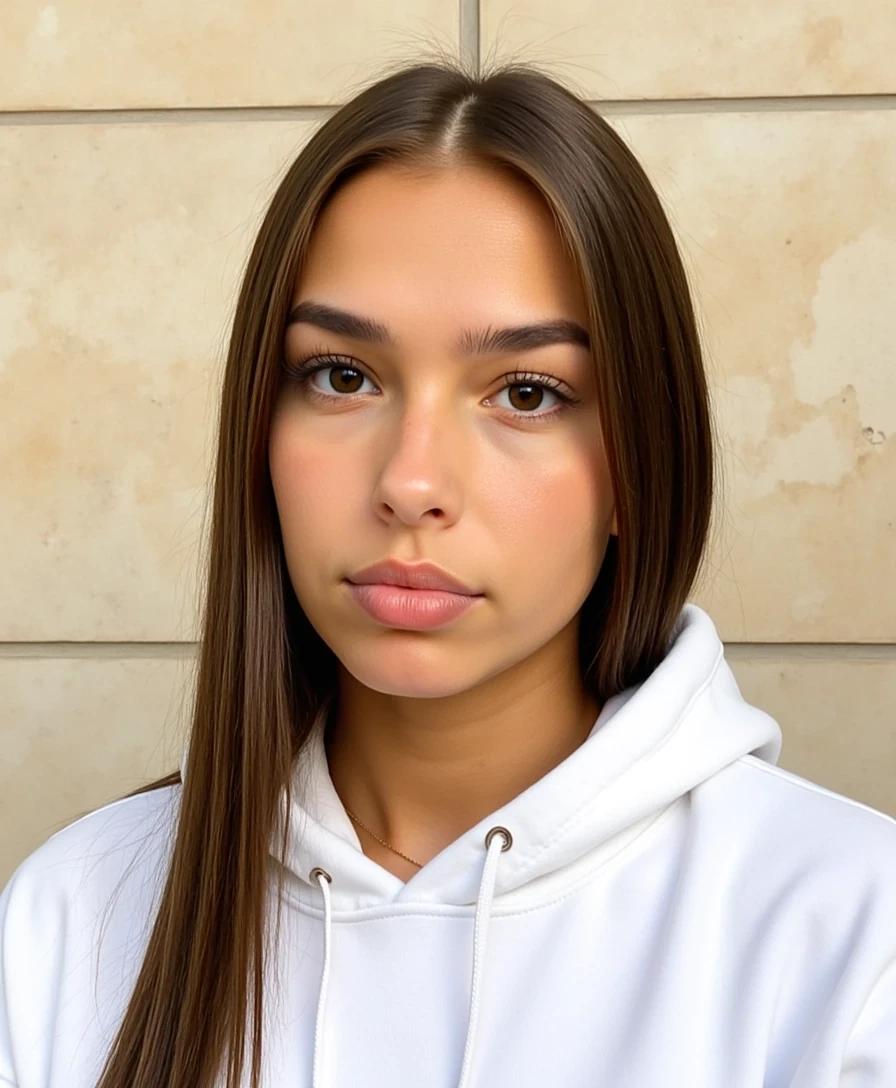 picture of a CSTMDL
Big tits. Large ass. No hip dips. Fit. Wide hips.
She is an 18-year-old girl with long, smooth, medium-dark brown hair (straight to slightly wavy), parted near the center. Her eyes are large, almond-shaped, and warm brown with full lashes and arched brows. She has an hourglass figure: height ~64 in, bust 36 in (28 in underbust), waist 24 in, hips 39 in. Bust is full and projected, waist narrow and flat, hips broad and rounded with lifted glutes. Thighs are full (~24 in), tapering to proportional calves. Arms are slim (~9 in upper arm), shoulders softly broad and balanced with hips. Neck medium, torso compact with a narrow ribcage, legs long relative to torso. Posture upright with mild anterior pelvic tilt. Skin is smooth, lightly tanned, and even-toned.
Scene/Background:
The photo is taken against a wall of light beige stone tiles with visible grout lines, creating a clean, neutral backdrop. The minimal background makes the subject stand out clearly in the frame.

Pose & Camera Angle:
The image is a close-up selfie taken from a slightly tilted angle. The subject wears an expressive, scrunched-up face with lips pursed and eyes squinting, giving the photo a playful and candid tone. A few strands of hair fall across her face, adding movement and informality.

Outfit & Accessories:
She is wearing a white hoodie with the hood pulled up, framing her face. The hoodie’s fabric appears soft and slightly thick, emphasizing comfort. A thin gold necklace rests at her neckline, adding a subtle, elegant detail to the otherwise casual look.

Lighting:
The lighting is natural and soft, illuminating her skin evenly. Highlights emphasize her freckles and the texture of her lips, while shadows around the hood and hair strands add dimension to the portrait.

Mood/Vibe:
The overall mood is casual, candid, and playful. The white hoodie and simple necklace create an easygoing, laid-back look, while the humorous facial expression adds personality. The combination feels authentic, mixing fashion simplicity with a fun, spontaneous energy.