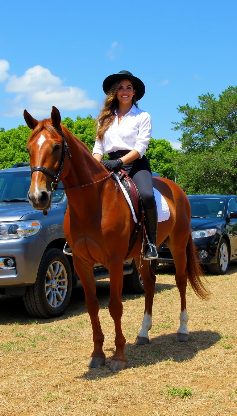 A high-quality professional photo taken on a sunny day, featuring a 25-year-old Colombian woman with a slender yet voluptuous figure, confidently riding a majestic paso fino horse. She has long, wavy caramel-colored hair cascading over her shoulders, glowing tan skin, and a charming smile that radiates sophistication. She wears a chic white blouse tucked into high-waisted riding pants, paired with elegant leather riding boots and a wide-brimmed hat that adds a touch of glamour to her equestrian look. Behind her, a row of luxury Toyota SUVs gleams in the sunlight, parked near a lush green hacienda landscape. The scene captures the vibrant blue sky, the vivid greenery of the pasture, and the elegance of her lifestyle, blending tradition and luxury.