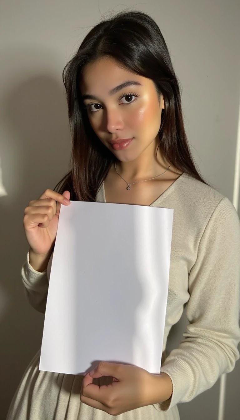 photo of woman CSTMDL, low quality photo, holding a piece of white paper, realistic photo, sun lighting, long sleeve clothes, upper body photo, wall background