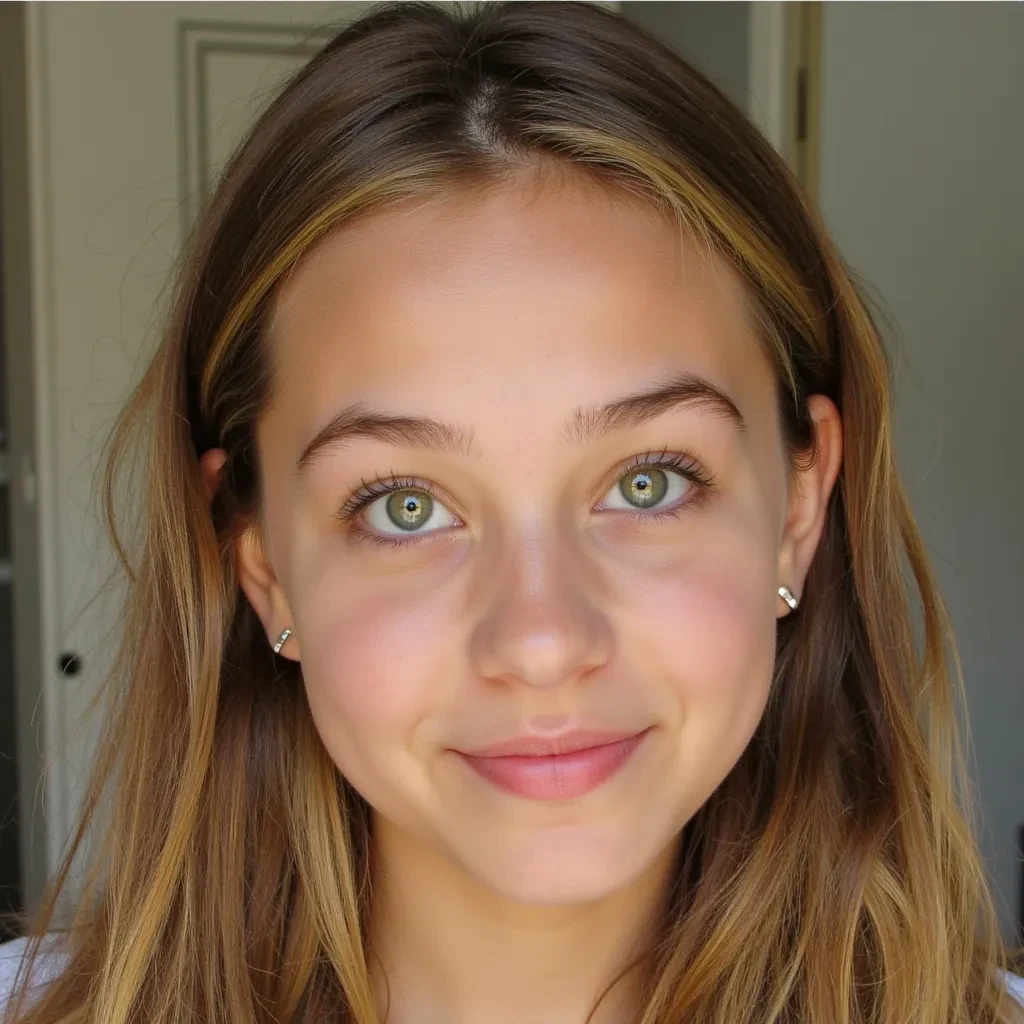 young face, slightly round face, almond eye shape, green color eye, slim button nose, full lips, boldly shaped light brown eyebrows, dirty blonde wavy long hair, innocent look, high cheek bones, medium forehead, small chin, smooth skin, small ears, ring ear rings, moderately tan white skin