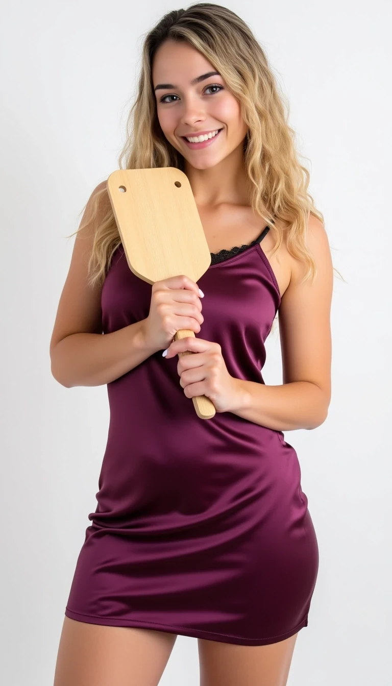 CSTMDL, Lory 2, A photorealistic image of a young woman in her early-20s with fair skin, holding a small wooden paddle with multiple holes. She has long, wavy, blonde hair cascading over her shoulders. She is wearing a deep purple satin slip dress with lace trim, which accentuates her figure. Her facial expression is smiling and slightly playful, with a direct gaze into the camera, conveying a sense of assertiveness. Her nails are manicured and painted white. The background is a plain white, ensuring the focus remains on her. The lighting is soft and even, coming from the front, highlighting her features without harsh shadows, creating a smooth and flattering effect. Dominant colors in the image are the purple of her dress, the natural wood tone of the paddle, and the white background. The atmosphere is intimate yet bold, with a composition that is a medium shot, capturing her from the waist up. The texture of the satin dress contrasts with the smooth wood of the paddle, adding depth to the image. The camera settings are a 50mm lens at f/2.8, ISO 100, with studio lighting to achieve this hyper-realistic effect.