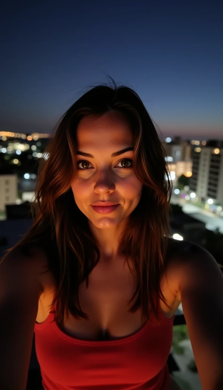 IMG_1343.HEIC, CSTMDL woman selfie on a nighttime rooftop, wearing a crop top,
low-quality Snapchat selfie
