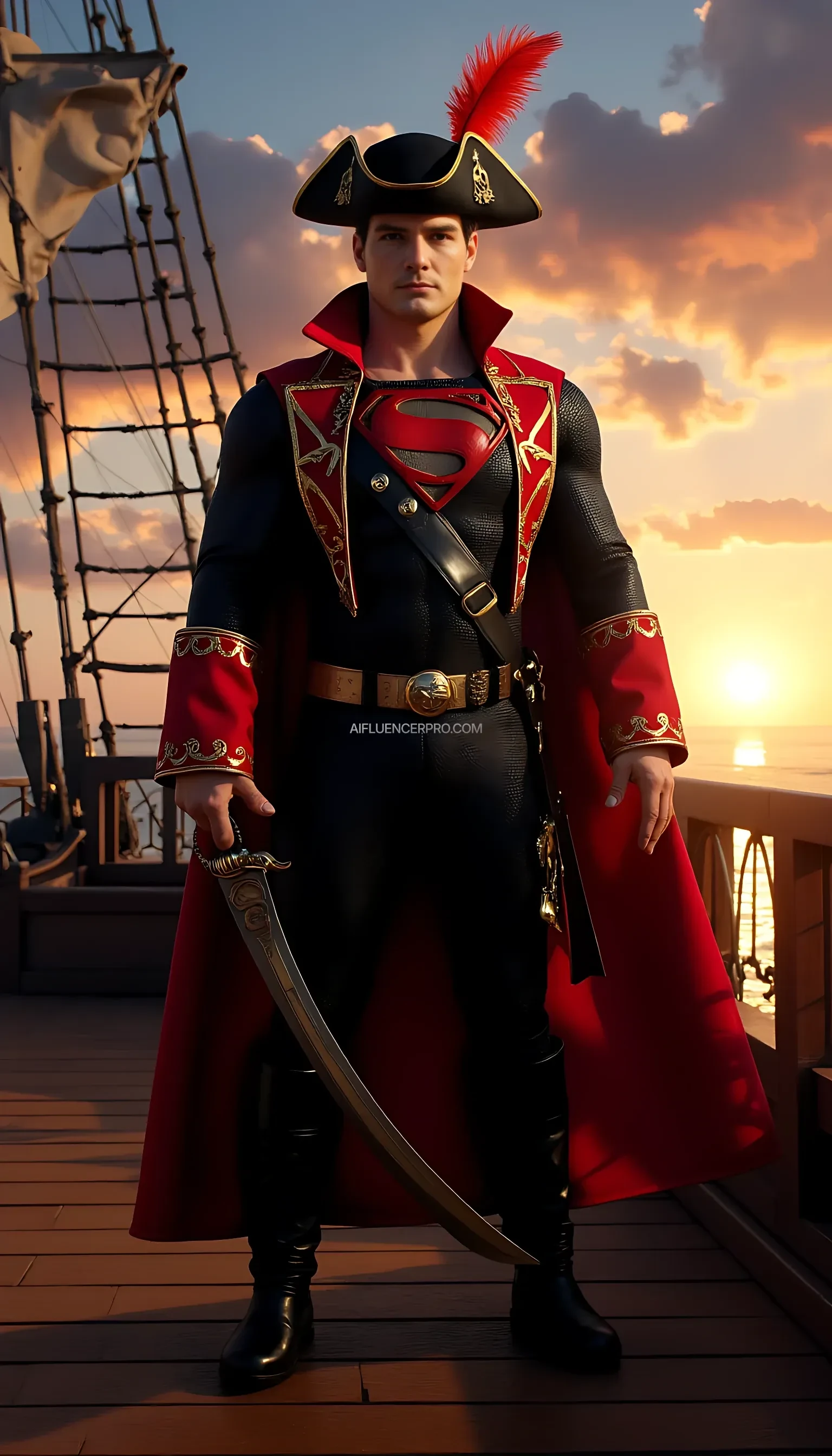 Photorealistic Superman wearing a Captain Hook-inspired outfit. He dons a regal red pirate coat with gold trim, black pants, tall leather boots, and a wide-brimmed pirate hat adorned with a majestic feather. The iconic "S" emblem is prominently displayed on his chest, seamlessly integrated into the pirate design. His right hand holds an elegant golden sword, while his left hand features a shiny hook, blending his superhero identity with the pirate theme. The background features the deck of a grand pirate ship at sunset, with dramatic clouds and a glowing horizon, creating a cinematic and epic atmosphere.