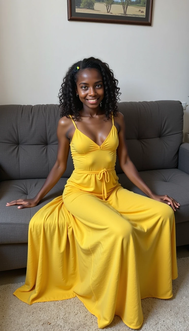 cstmdl. sitting on a gray couch, wearing a yellow dress