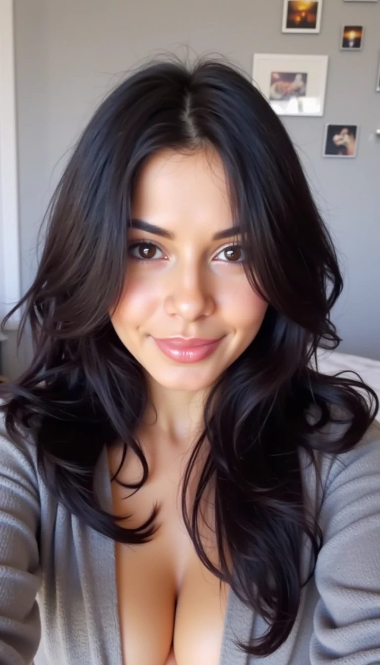 boring low quality snapchat photo circa 2015, A young Mexican woman with a warm smile. She is in her room which is very aesthetic, she’s on her bed taking a selfie. she’s wearing a shirt that shows her cleavage.She has soft, wavy black hair cascading past her shoulders. She has very nice juicy lips . She has a very nice body, big boobs, big butt. she has a beautiful smile. her room has light grey walls with decorations hanged 