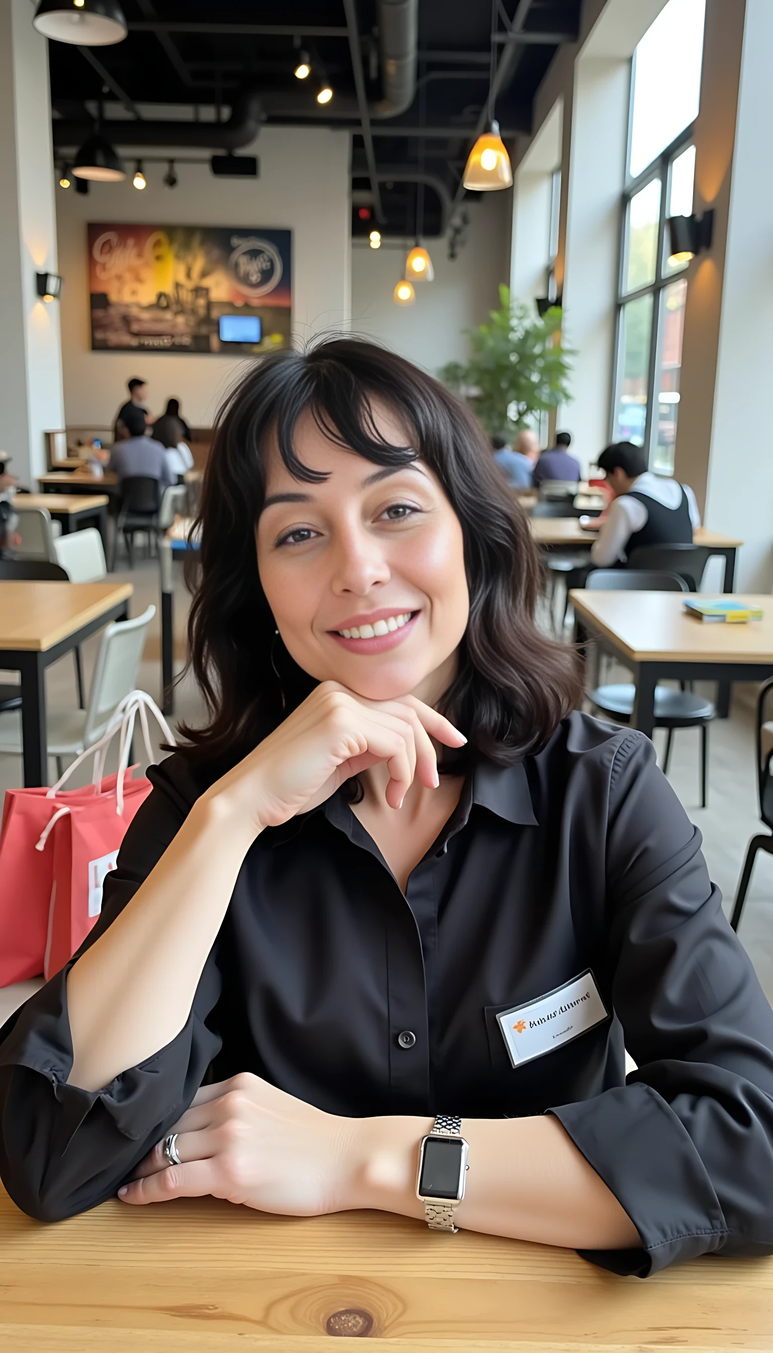 iphone portrait of CSTMDL woman younger Bob length hair hair makeup bangs cute smile brown eyes and sitting in cafe holding phone in busy restaurant wearing dressy outfit business  mountains background shopping bags 