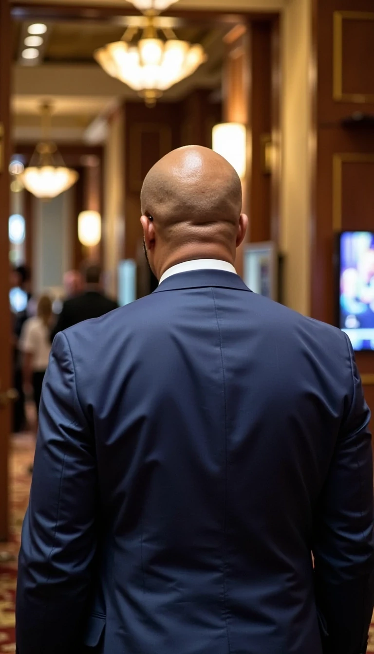 Reality view, blue suit and white collared shirt, walking through casino,  far view same face of Carter with bald head, real look, cstmdl