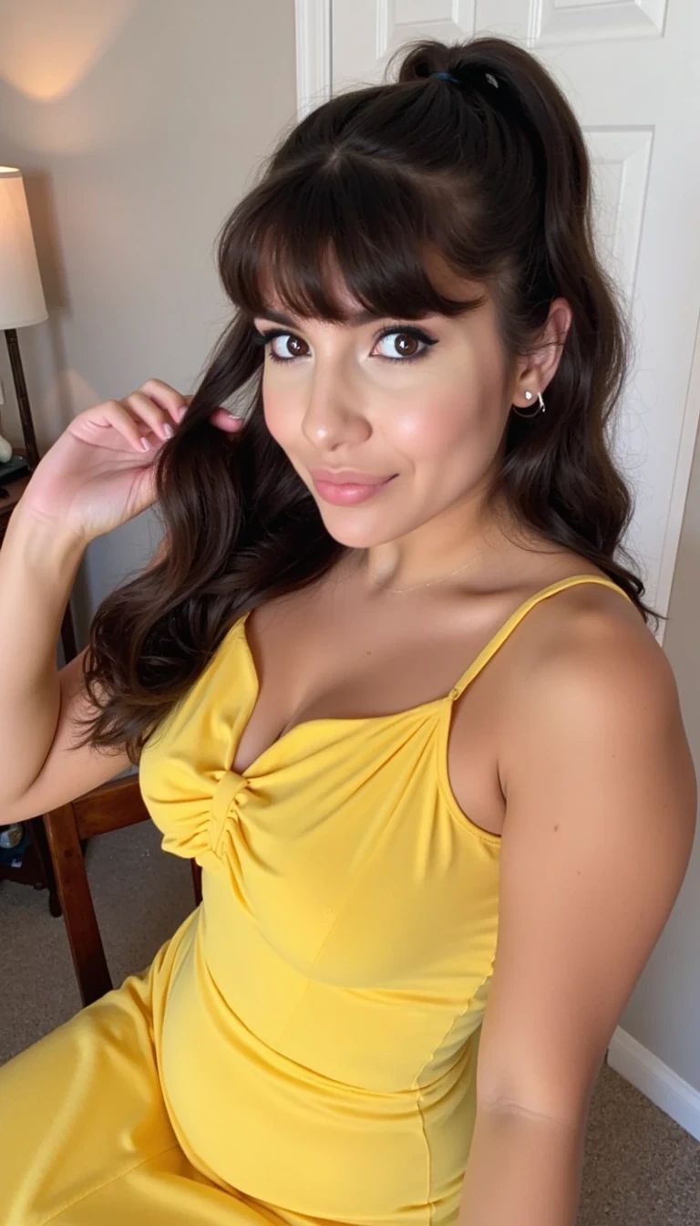 photo of woman CSTMDL, bangs, huge boobs, ponytail,yellow flower sundress