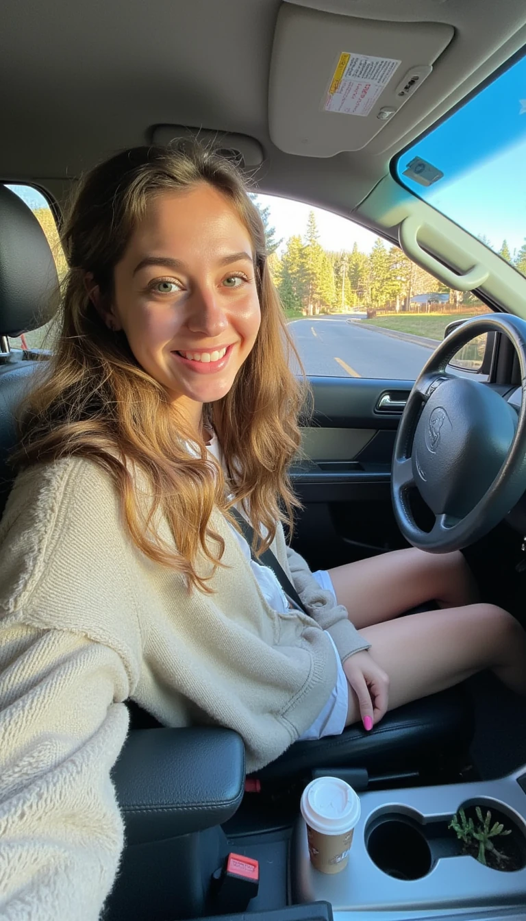 boring low quality snapchat photo circa 2015, A young woman with a warm smile, sitting in the driver's seat of a cozy car. She has soft, wavy brown hair cascading past her shoulders. The sunlight streams through the window, casting a gentle glow on her face. The interior of the car is neat and comfortable, with a coffee cup in the cup holder and a small plant on the dashboard. The background outside the window shows a scenic road lined with trees and blue skies