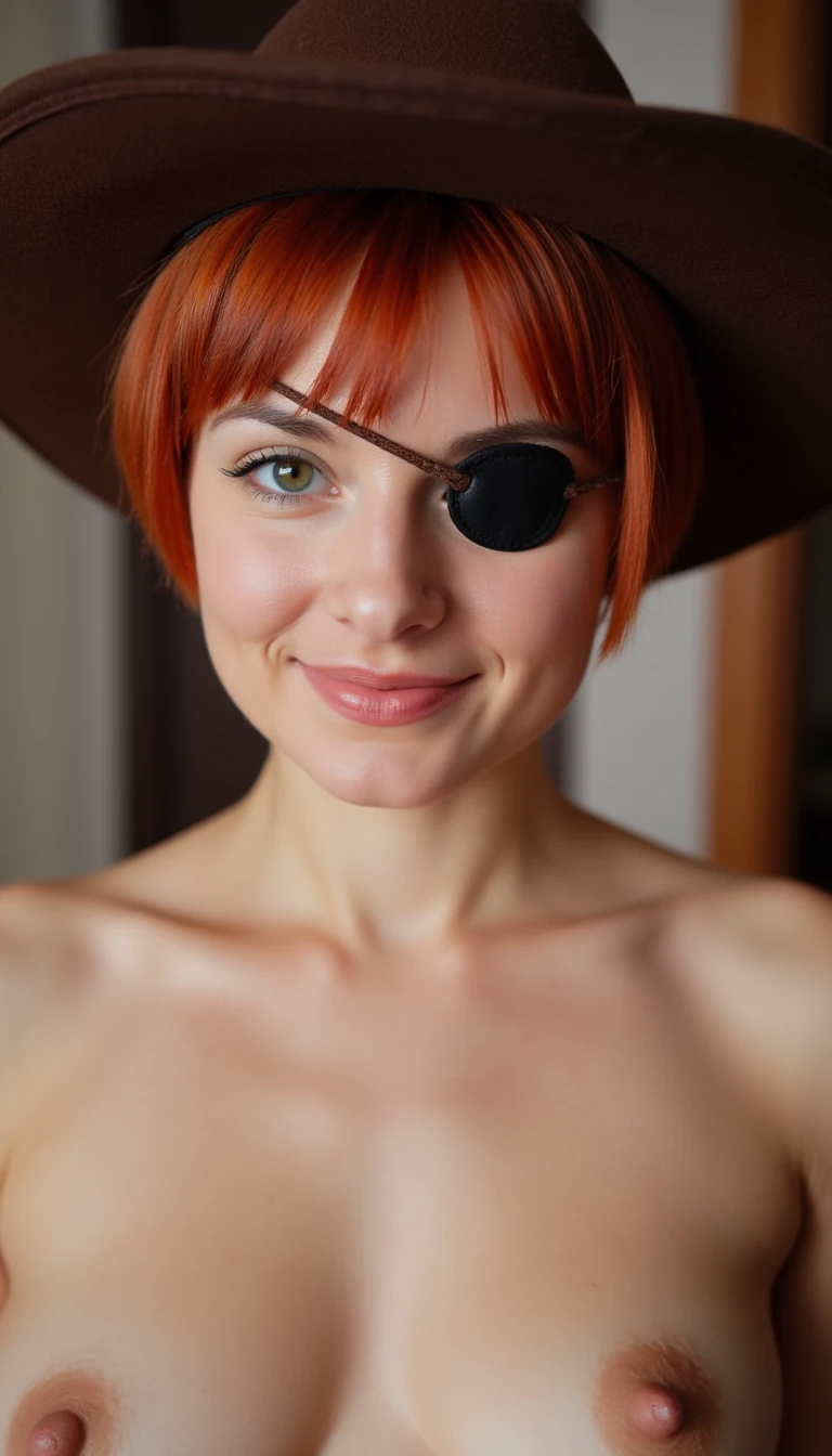 Short natural red hair women with a short pixie. She has an eye patch over her right eye and a brown Cowboy hat she always has with her. She is doing a risqué photo shoot. She has medium to small breasts.