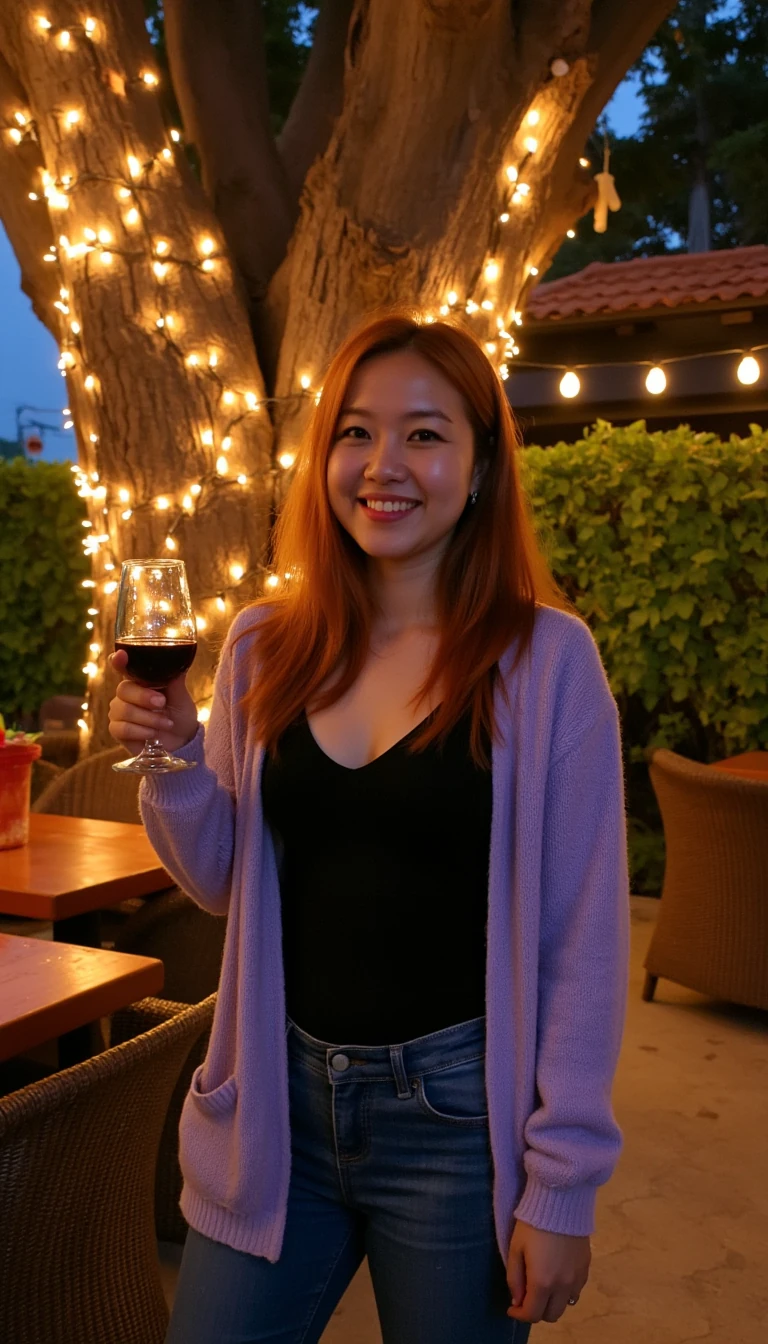 A full body shot photo of a asian woman standing outdoors at a cozy, warmly lit patio in the evening, with soft, glowing lights wrapped around a tree behind them creating a charming atmosphere. The image is rich in detail, with warm tones and clear textures throughout. The woman has fair skin, a slim build, and long reddish-blonde hair, also worn loose. She is smiling warmly at the camera, holding a glass of red wine in her right hand, and wears a soft-textured lavender cardigan over a black top. The background features a large tree with sparkling string lights wrapped around its trunk and branches, adding a magical touch to the scene. The setting suggests a private outdoor seating area, with elements like terracotta-tiled roofing, greenery, and rattan chairs contributing to a serene, inviting vibe. The overall composition is balanced, with the woman framed against the softly glowing tree, and the lighting enhances the warm, intimate feel of a quiet evening shared among friends. The details are vivid, with textures of clothing, skin, and background elements clearly visible, while the warm lighting creates a relaxed and joyful mood