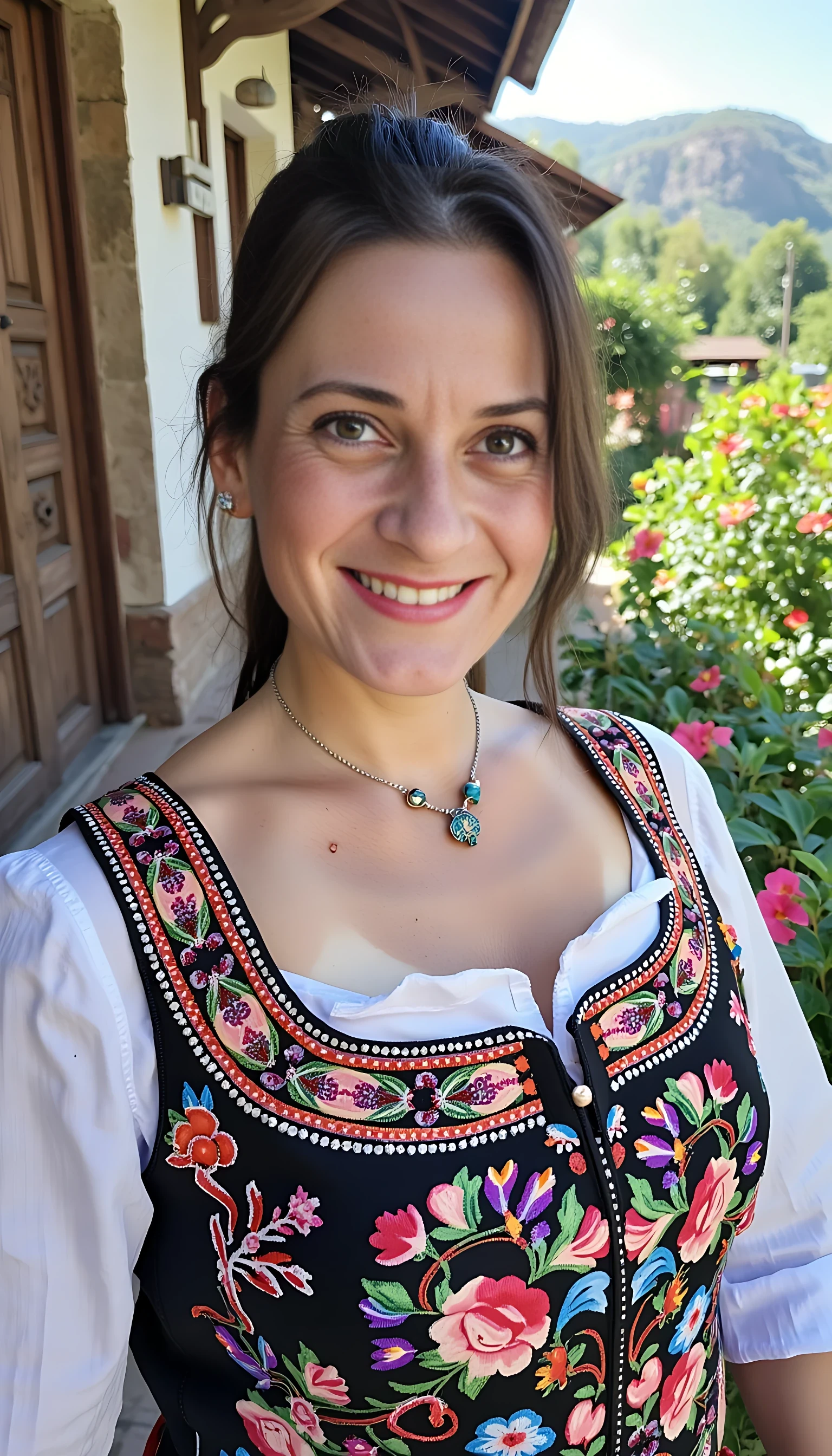 photo of brunette woman CSTMDL shy smile, small puffy saggy tits in turkish historical national costume in turkish village