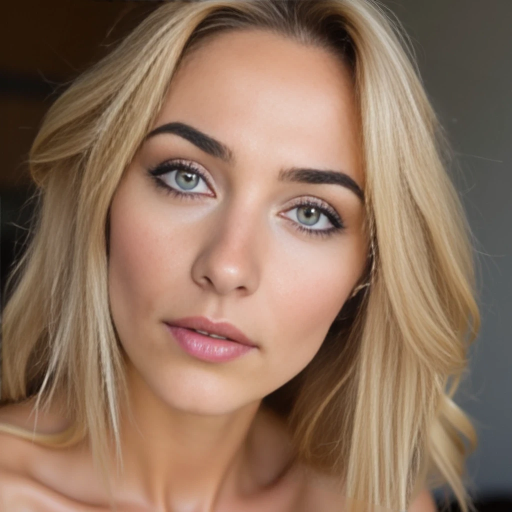 high quality DSLR picture, pretty blonde mature woman with grey-green eyes and fine contoured lips, soft, non nude, much skin