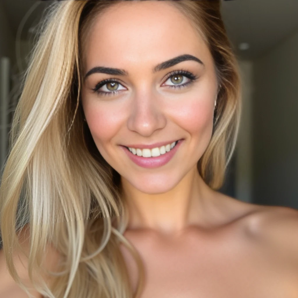 high quality DSLR picture, pretty blonde mature woman with grey-green eyes and fine contoured lips, soft, non nude, much skin